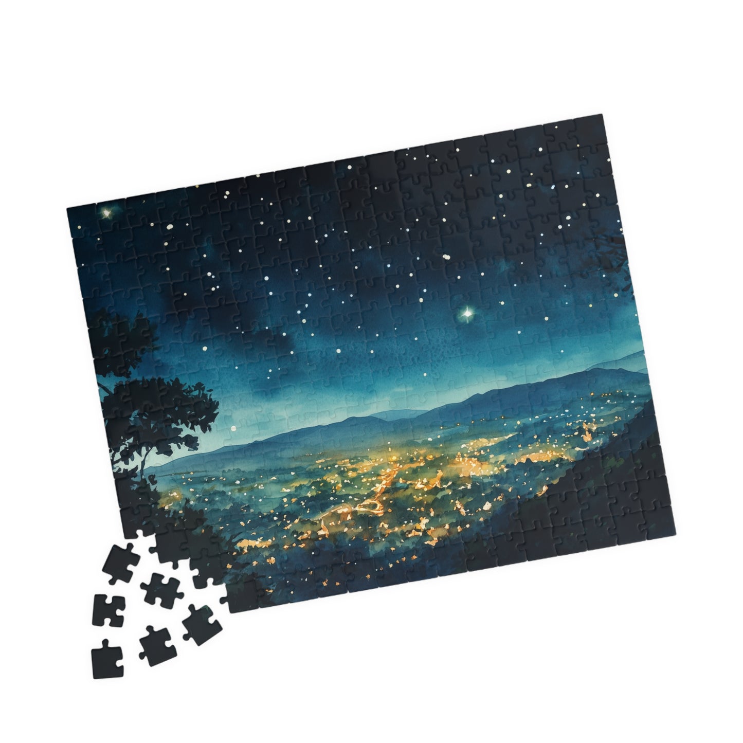 Mountain Town Under a Starry Sky Puzzle (110, 252, 520, 1014 Pieces) - Peaceful Night Lights, Stargazing, Cozy Escape