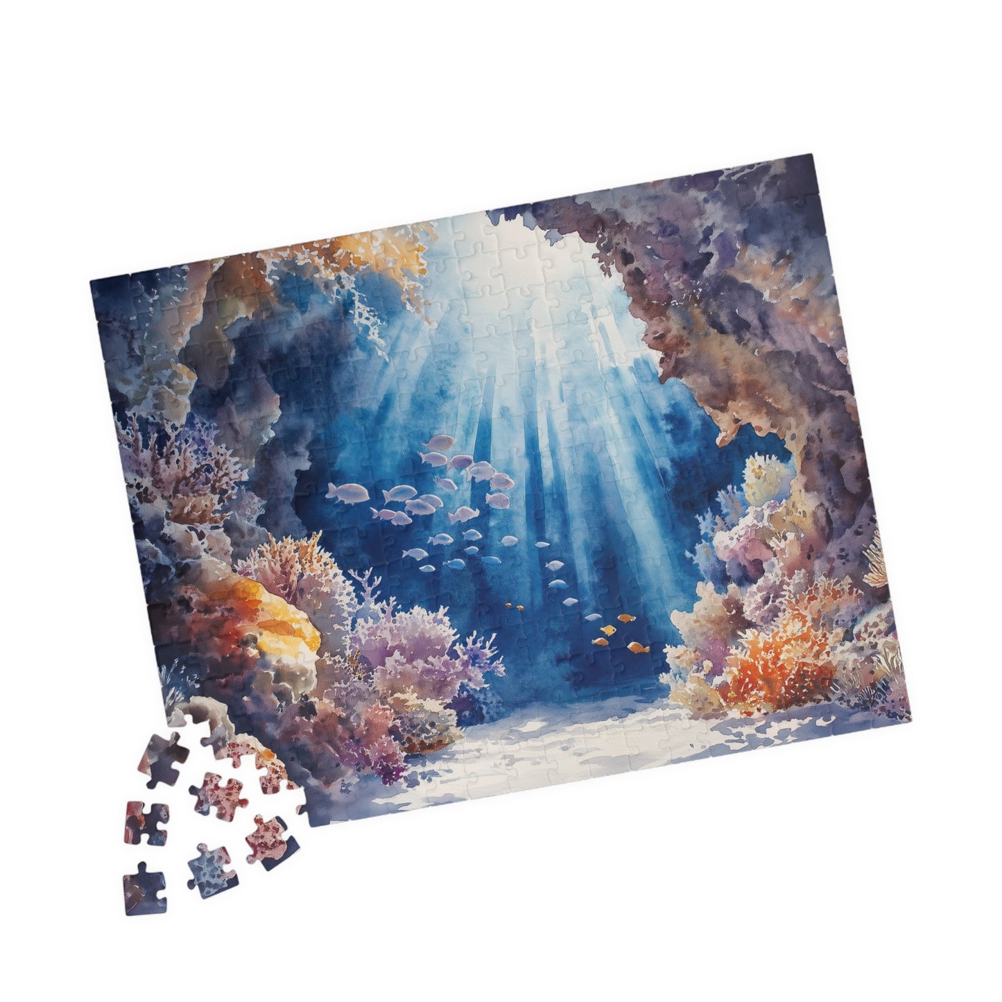 Underwater Reef Cave Puzzle (110, 252, 520, 1014 Pieces) - Ocean Cave, Sunbeams, Coral Reef, Dreamy Watercolor Puzzle