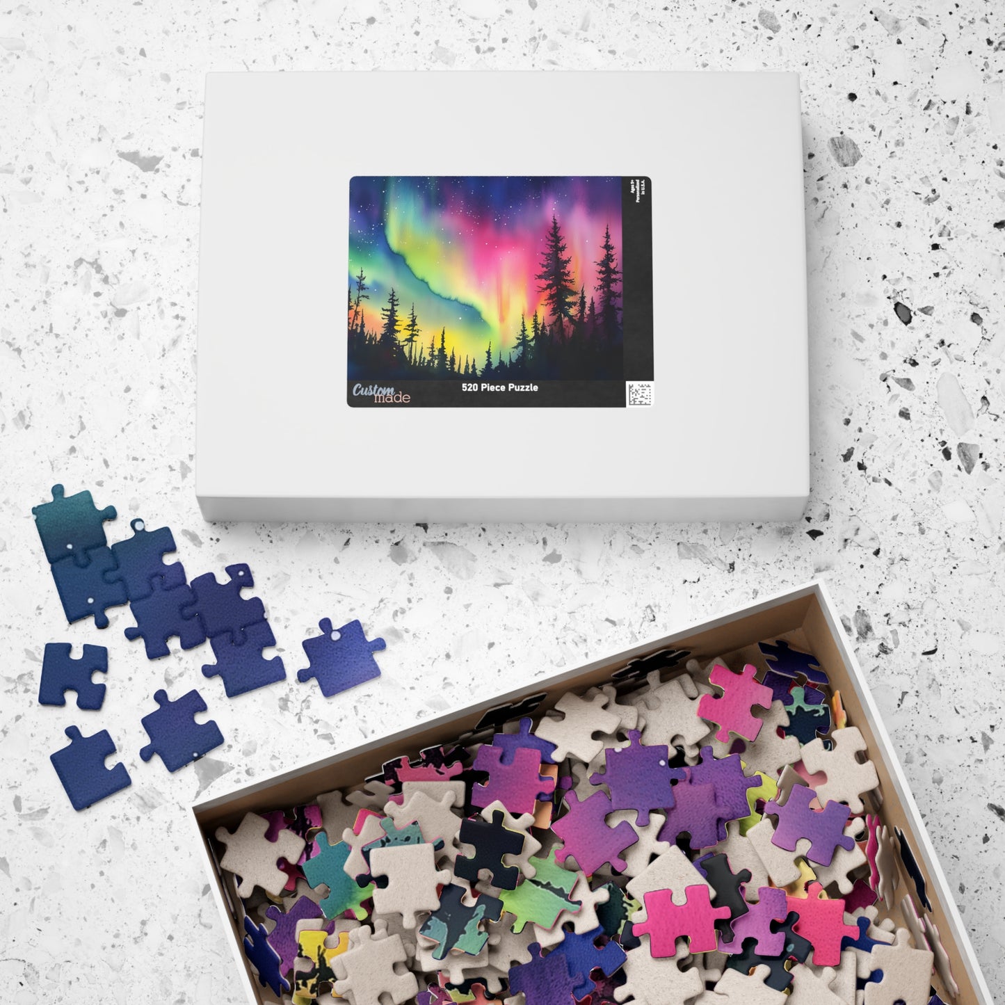 Aurora Glow Puzzle (110, 252, 520, 1014 Pieces) - Northern Lights Over Forest Silhouette, Fun Family Activity, Unique Gift Idea