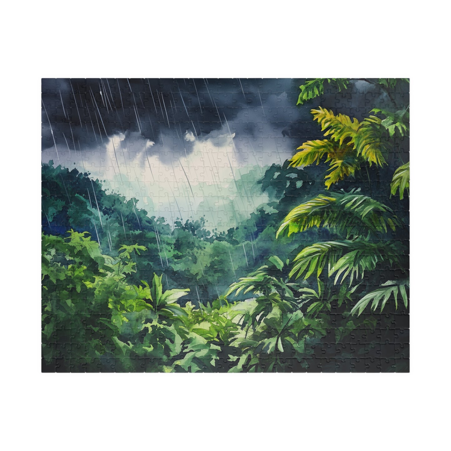 Rainfall in the Jungle Puzzle (110, 252, 520, 1014 Pieces) - Lush Tropical Rainstorm Scene, Moody Nature Puzzle for Relaxation & Focus