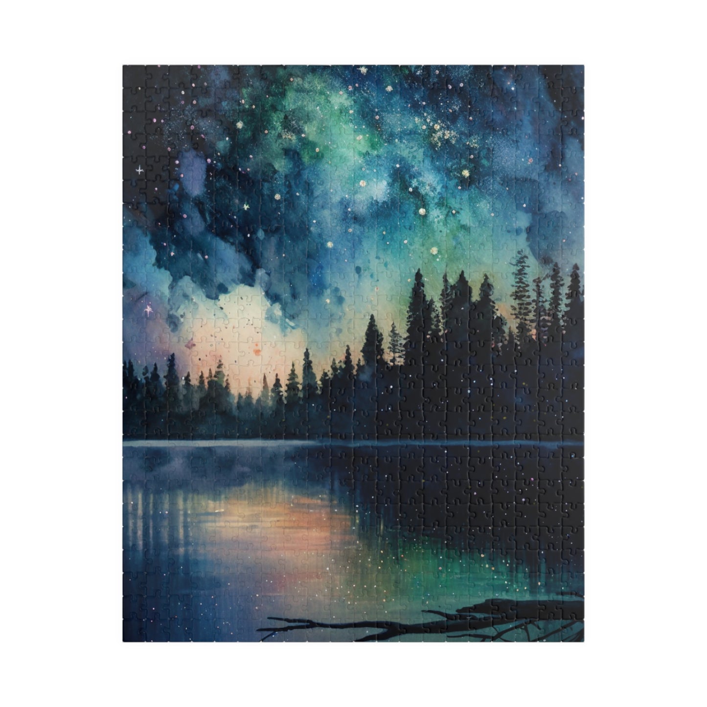 Starry Lake Puzzle (110, 252, 520, 1014 Pieces) - Peaceful Night Sky Reflection, Forest Silhouette, Tranquil Water