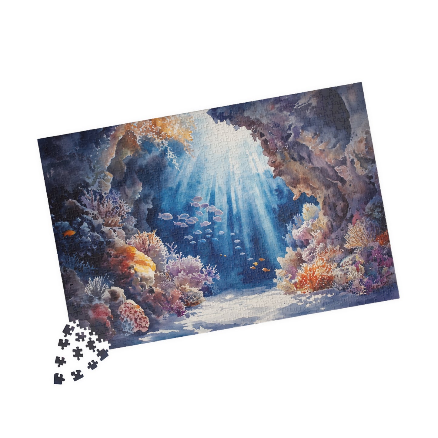 Underwater Reef Cave Puzzle (110, 252, 520, 1014 Pieces) - Ocean Cave, Sunbeams, Coral Reef, Dreamy Watercolor Puzzle
