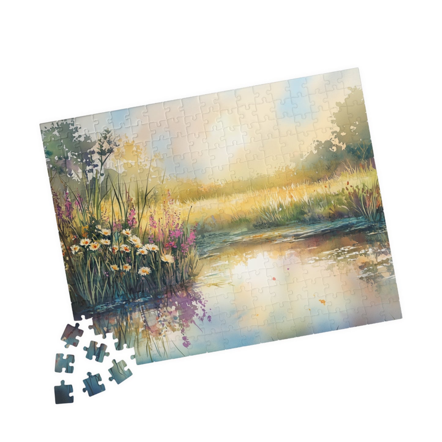Prairie Pond Puzzle (110, 252, 520, 1014 Pieces) - Reflective Water, Wildflowers, Golden Light, Relaxation, Home Decor, Mindful Activity