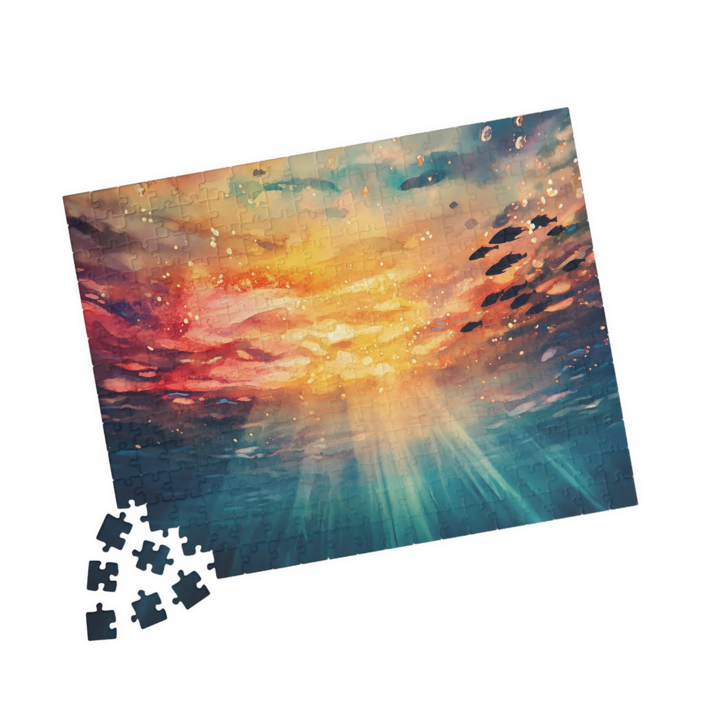 Underwater Sunset Puzzle (110, 252, 520, 1014 Pieces) - Ocean Perspective, Warm Glow, Dreamy Watercolor Scene, Nature-Inspired Puzzle