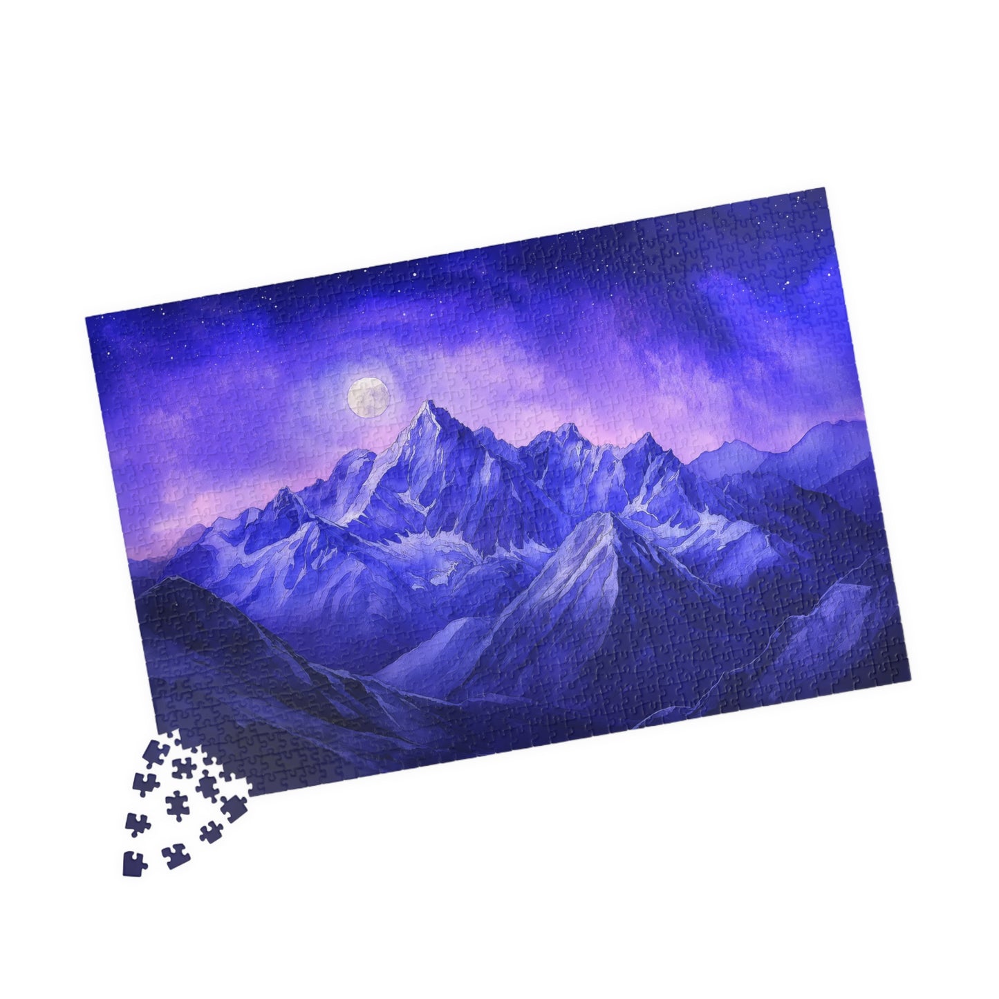 Moonlit Mountains Puzzle (110, 252, 520, 1014 Pieces) - Dreamy Winter Night, Midnight Blues, Starry Sky, Serene Snowy Landscape