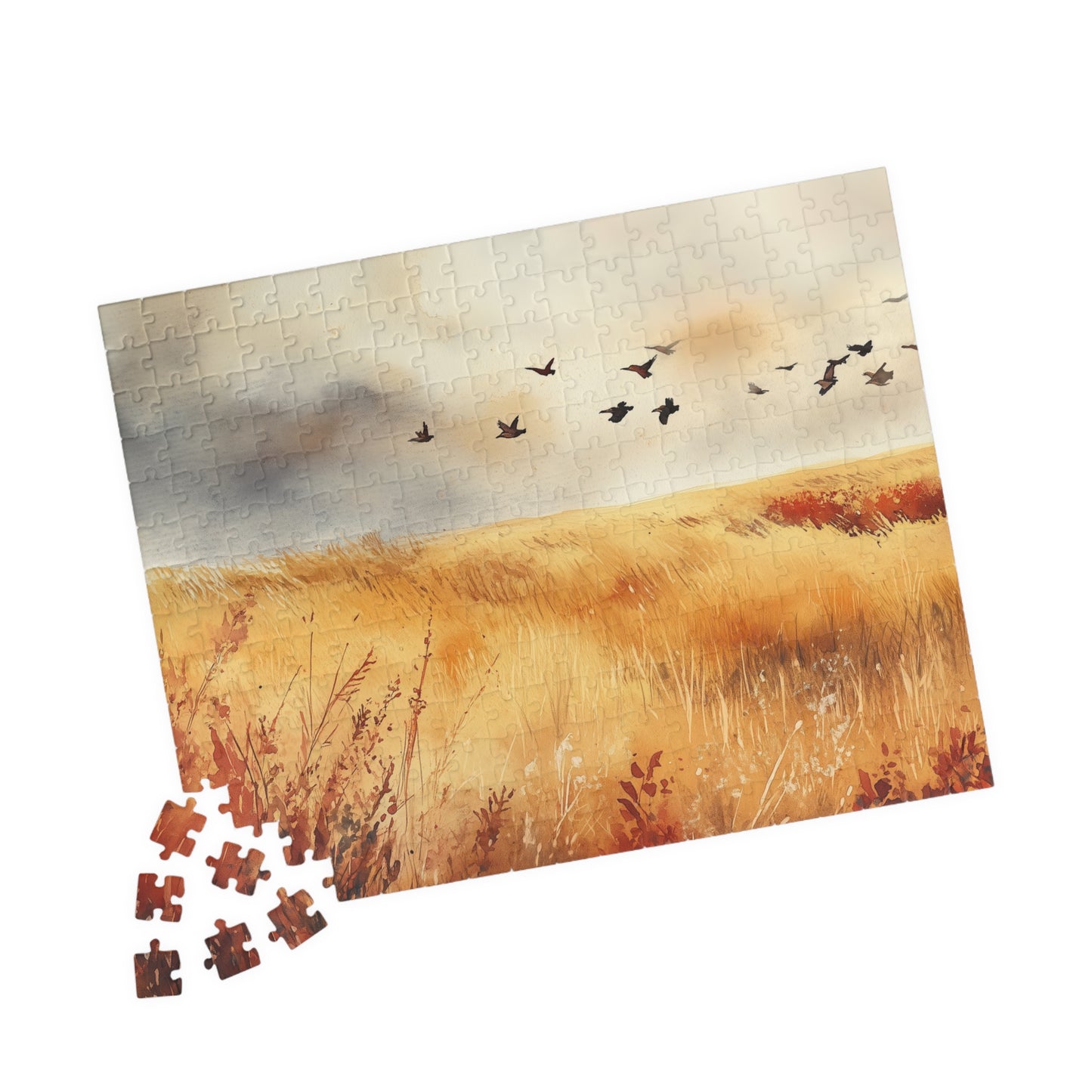 Golden Prairie Flight Puzzle (110, 252, 520, 1014 Pieces) - Autumn Grassland, Birds in Flight, Warm Earth Tones, Stress Relief, Home Decor