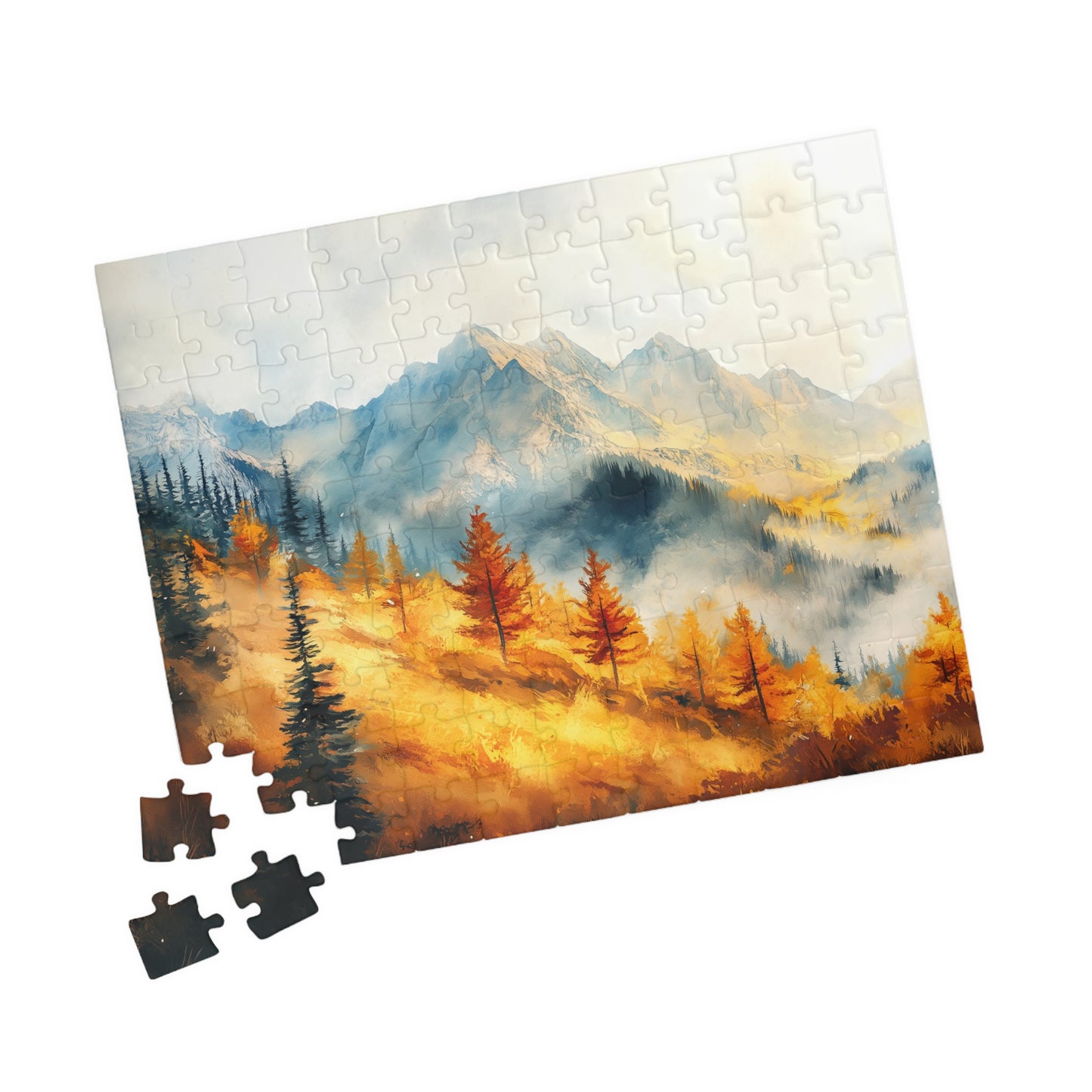 Golden Hillside Puzzle (110, 252, 520, 1014 Pieces) - Autumn Forest Jigsaw, Tranquil Nature Puzzle, Misty Mountain Decor, Fall Lover Gift