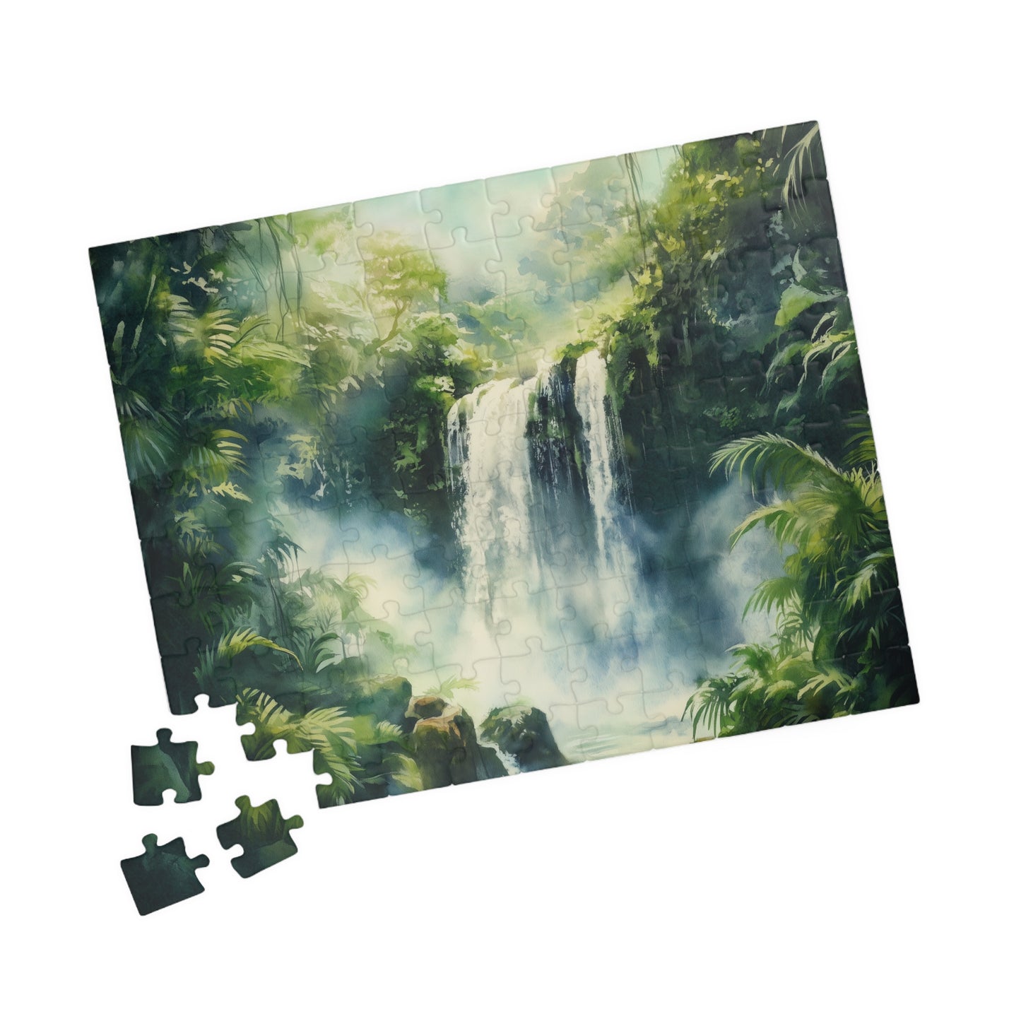Lush Jungle Waterfall Puzzle (110, 252, 520, 1014 Pieces) - Tropical Rainforest Puzzle, Misty Green Waterfall Art, Serene Nature Escape