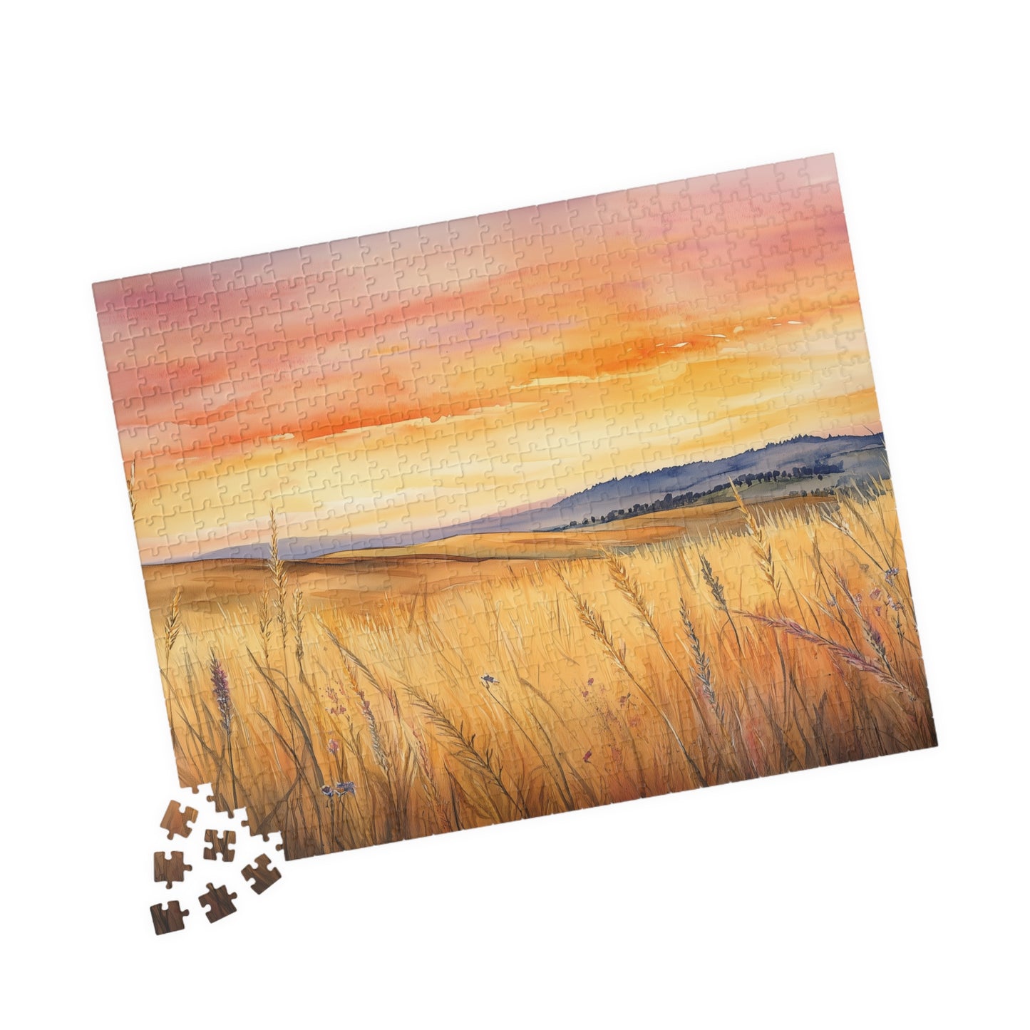Prairie at Sunset Puzzle (110, 252, 520, 1014 Pieces) - Golden Fields, Rolling Hills, Glowing Horizon, Nature Lovers Gift, Relaxing Activity