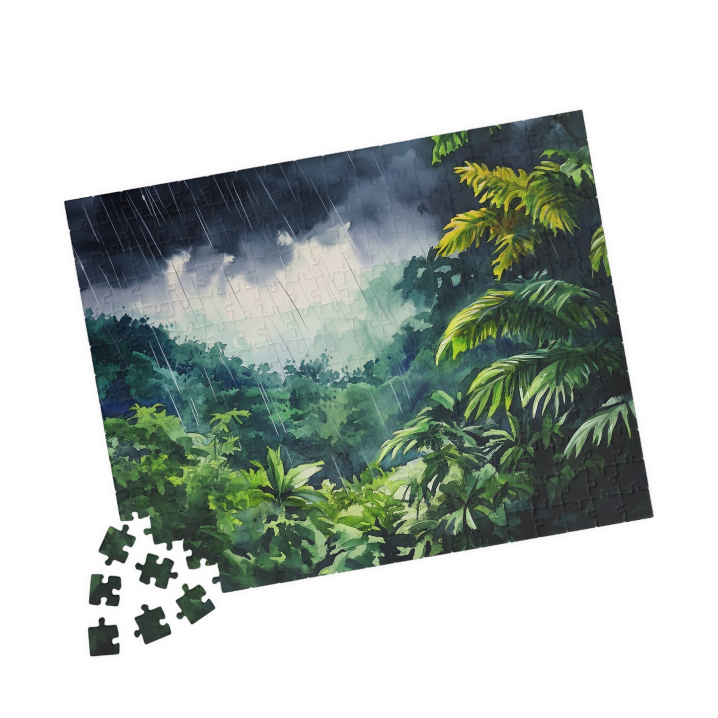 Rainfall in the Jungle Puzzle (110, 252, 520, 1014 Pieces) - Lush Tropical Rainstorm Scene, Moody Nature Puzzle for Relaxation & Focus