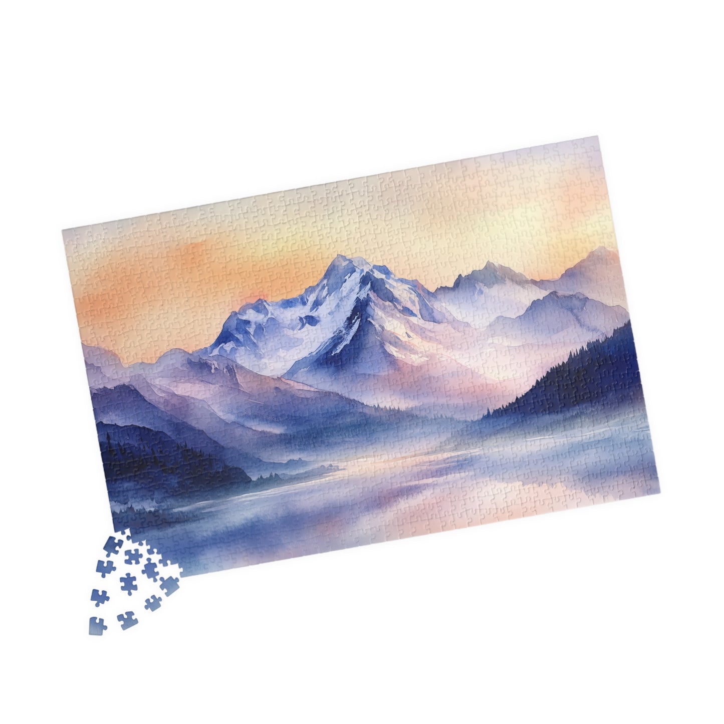 Mountain Serenity Puzzle (110, 252, 520, 1014 Pieces) - Misty Peaks, Sunset Hues, Tranquil Reflections, Mountain Landscape Puzzle
