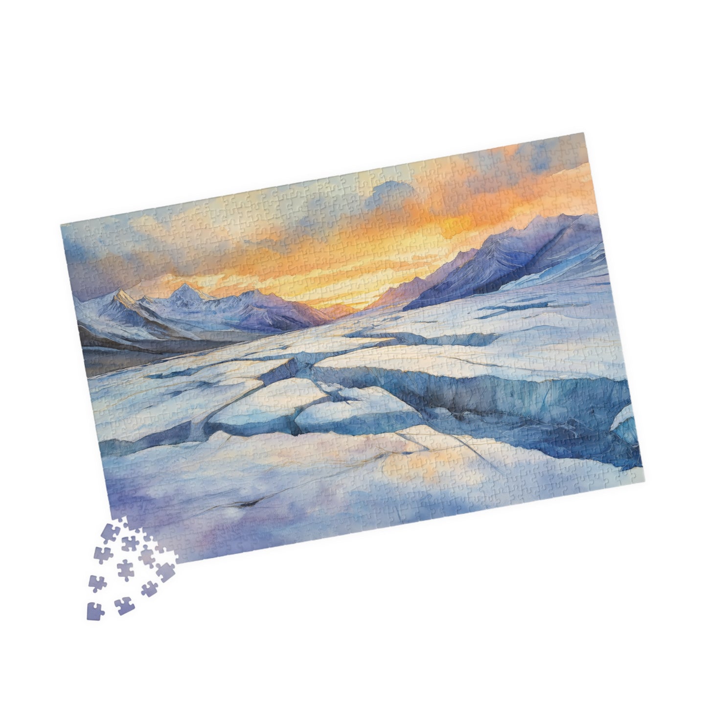 Glacial Field Puzzle (110, 252, 520, 1014 Pieces) - Frozen Mountain Landscape with Cracked Ice, Arctic Horizon, and Winter Sunset Glow