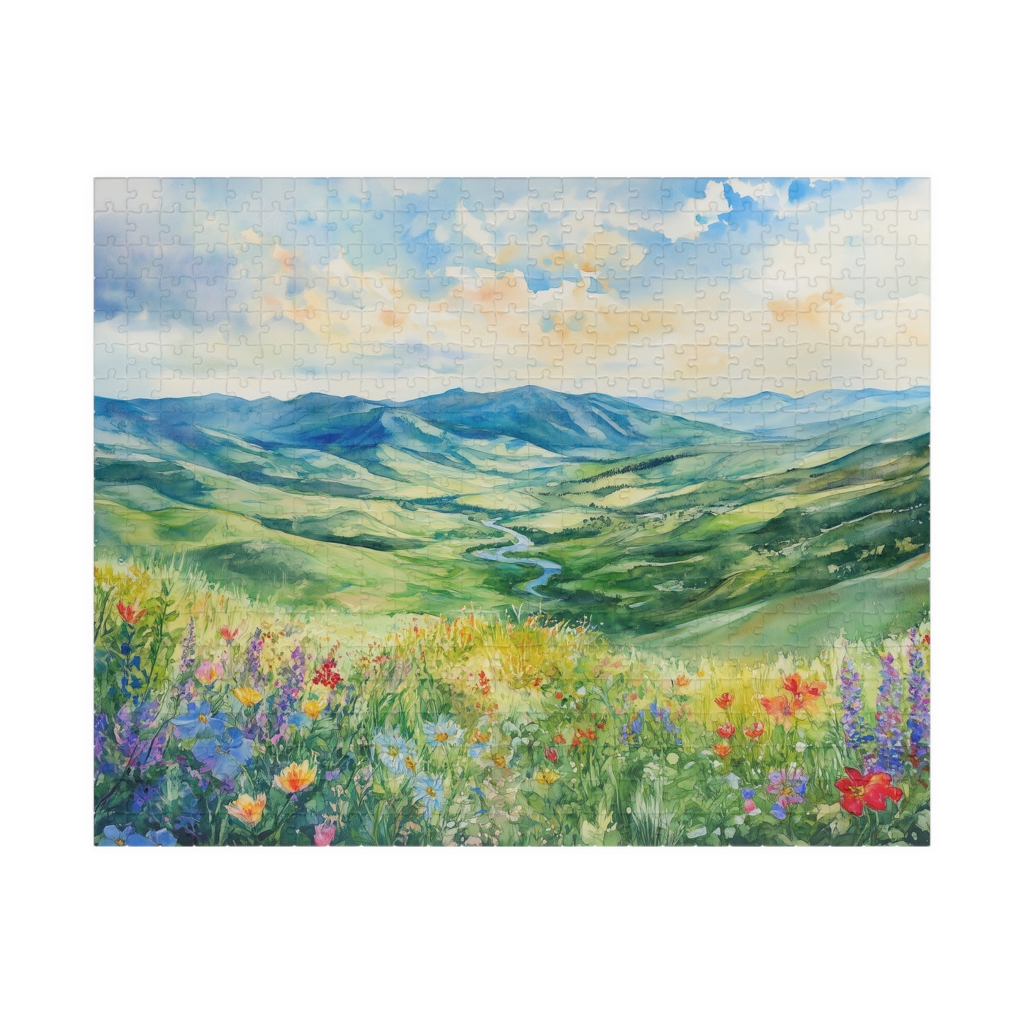 Wildflower Valley Overlook Puzzle (110, 252, 520, 1014 Pieces) - Rolling Green Mountains, Winding River, Blooming Meadow, Scenic Spring View