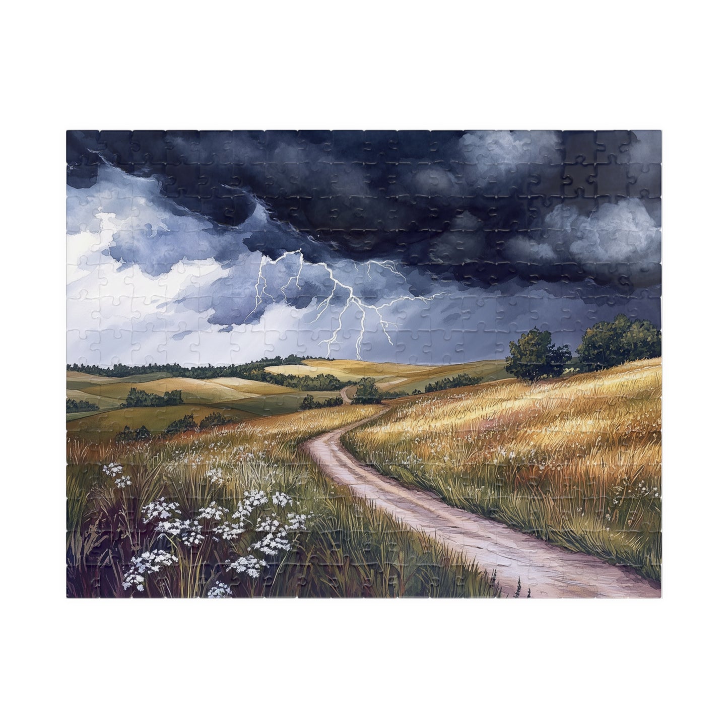Prairie Thunderstorm Puzzle (110, 252, 520, 1014 Pieces) - Stormy Sky, Lightning Strikes, Country Path Scene, Nature Lover Gift
