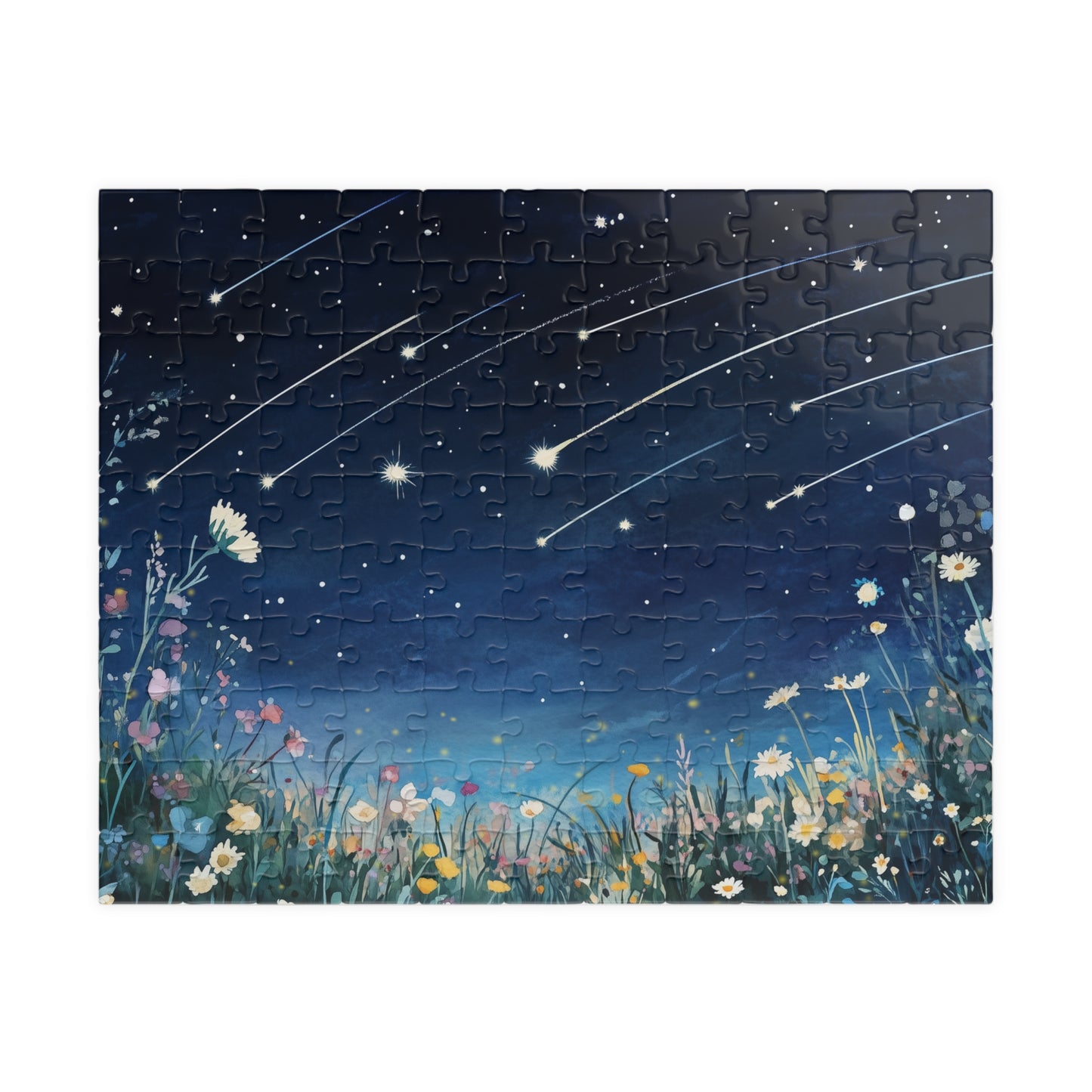 Wildflowers Under a Starry Sky Puzzle (110, 252, 520, 1014 Pieces) - Dreamy Meteor Shower, Starry Night Scene with Colorful Blooms