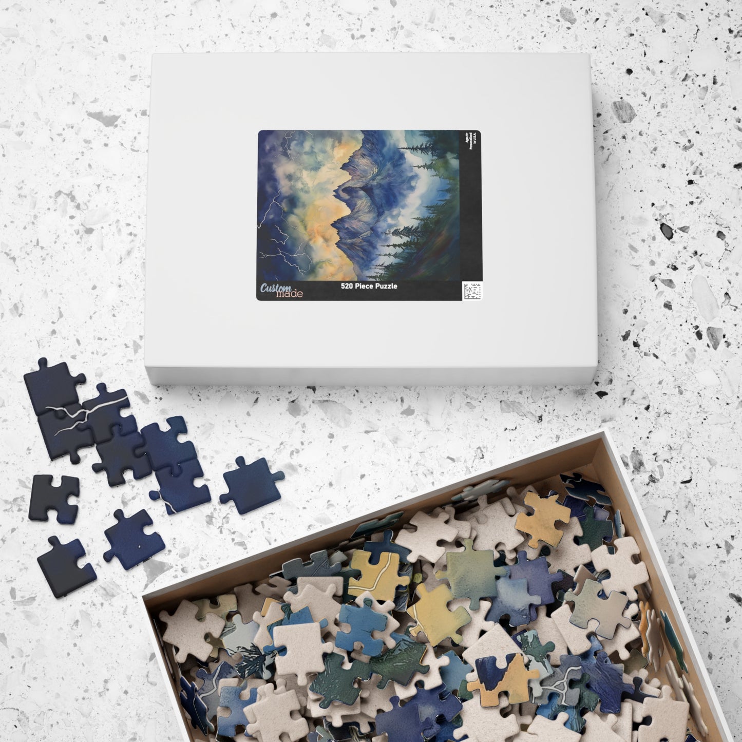 Stormy Mountain Peaks Puzzle (110, 252, 520, 1014 Pieces) - Dark Pine Forest, Lightning Strikes, Dramatic Skies Over Jagged Summits