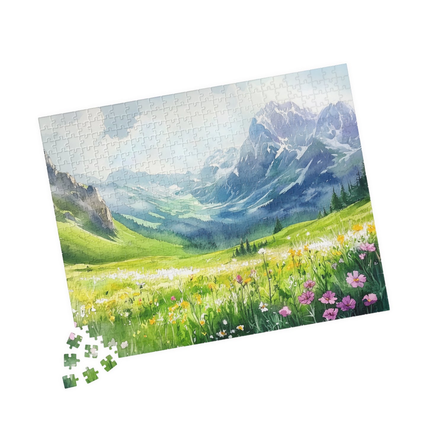 Mountain Meadow Puzzle (110, 252, 520, 1014 Pieces) - Wildflowers, Alpine Valley, Snowy Peaks, Peaceful Landscape
