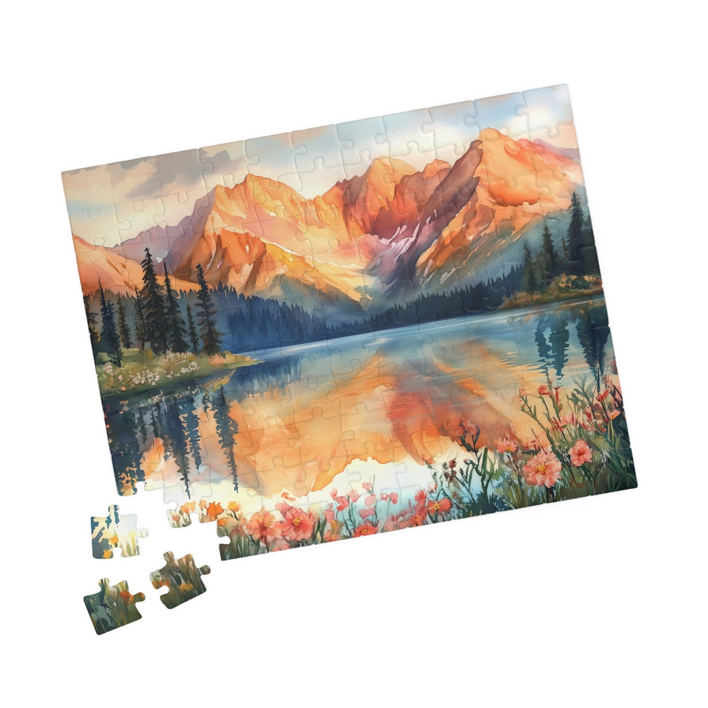 Fiery Red Mountain Reflection Puzzle (110, 252, 520, 1014 Pieces) - Wildflower Shoreline, Alpine Forest, Golden Hour Glow,