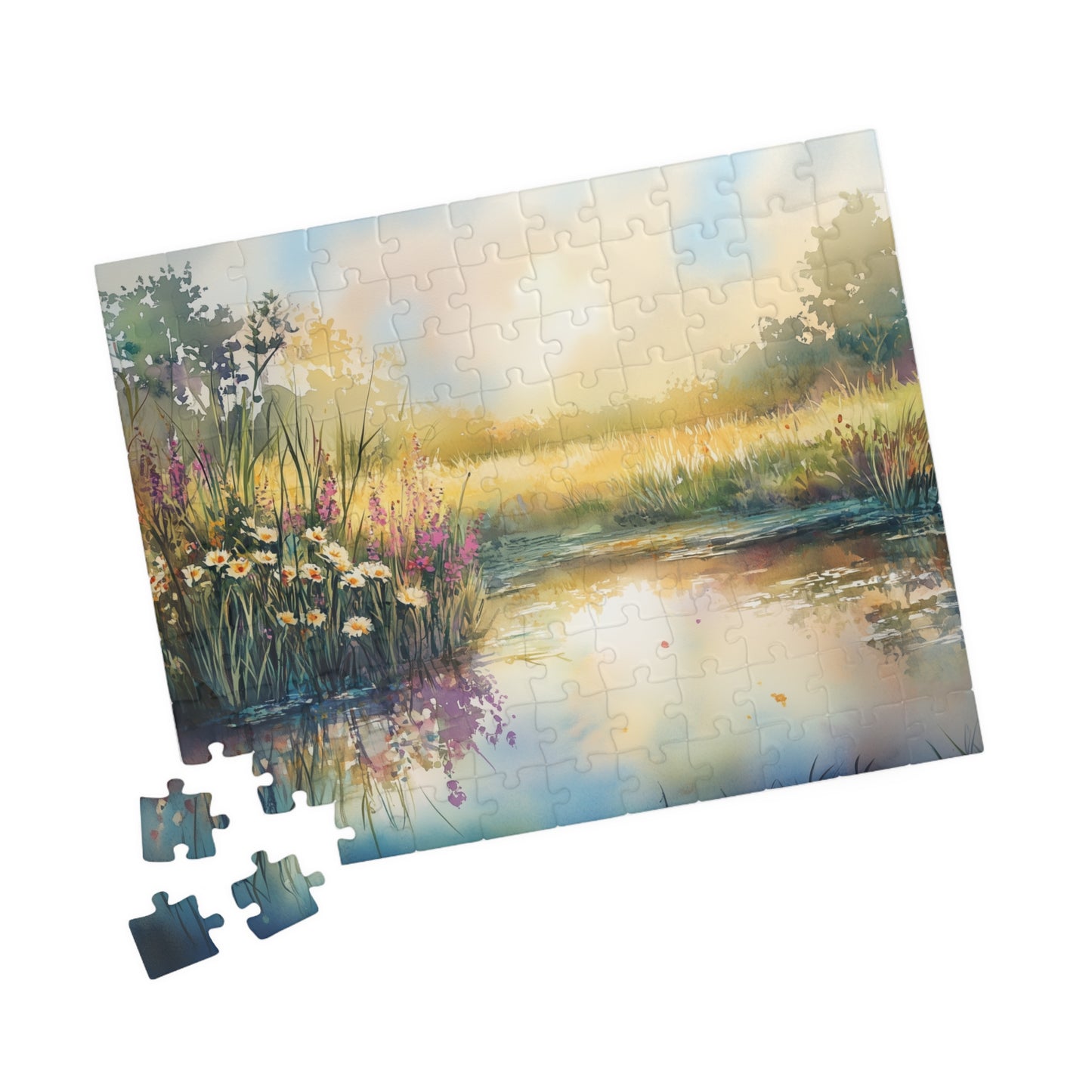 Prairie Pond Puzzle (110, 252, 520, 1014 Pieces) - Reflective Water, Wildflowers, Golden Light, Relaxation, Home Decor, Mindful Activity