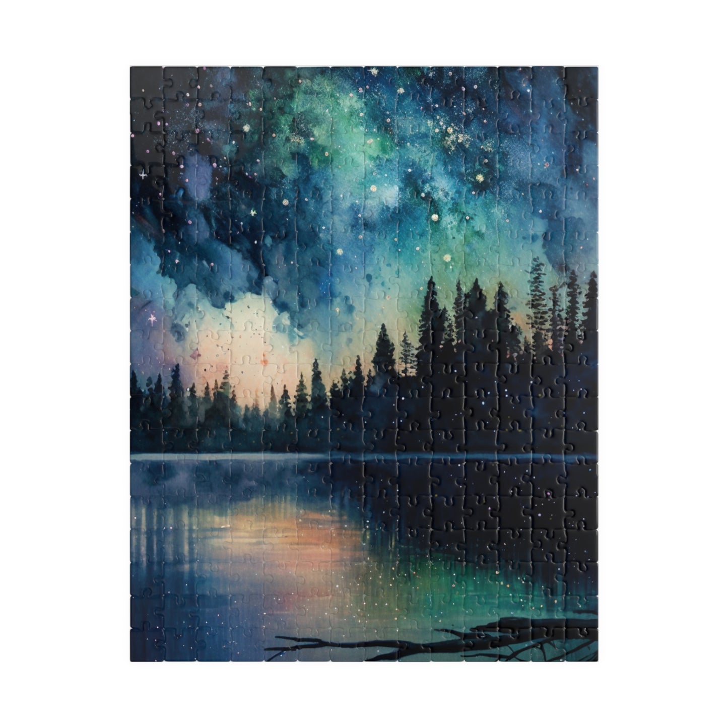 Starry Lake Puzzle (110, 252, 520, 1014 Pieces) - Peaceful Night Sky Reflection, Forest Silhouette, Tranquil Water