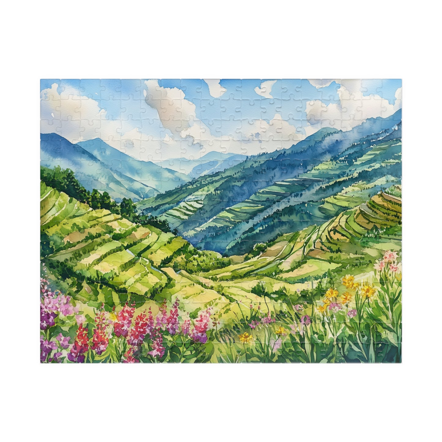 Terraced Hillside Puzzle (110, 252, 520, 1014 Pieces) - Lush Green Valleys, Layered Landscapes, Blooming Wildflowers, Vivid Nature Puzzle