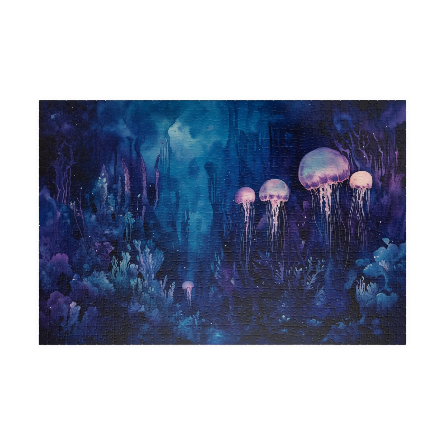 Jellyfish in the Deep Puzzle (110, 252, 520, 1014 Pieces) - Glowing Creatures, Underwater Forest, Bioluminescent Ocean Fantasy