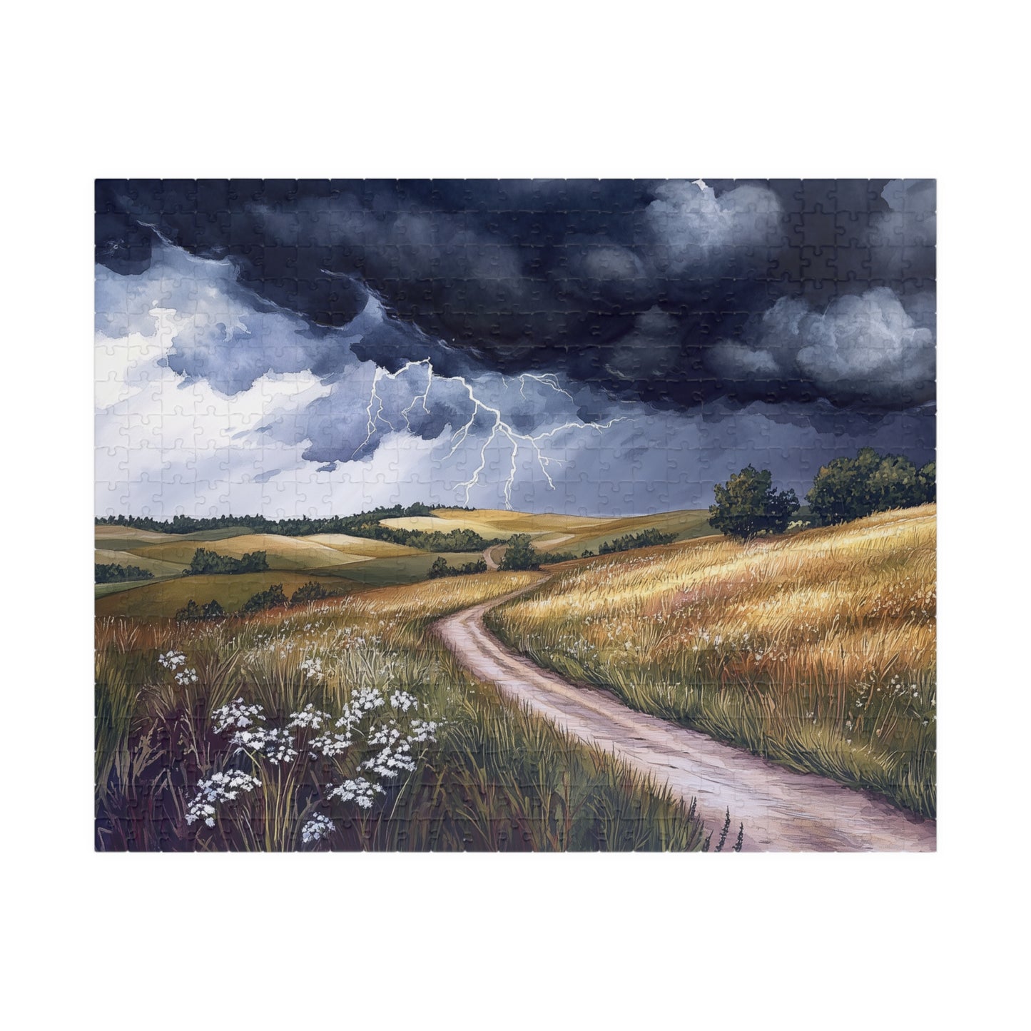 Prairie Thunderstorm Puzzle (110, 252, 520, 1014 Pieces) - Stormy Sky, Lightning Strikes, Country Path Scene, Nature Lover Gift