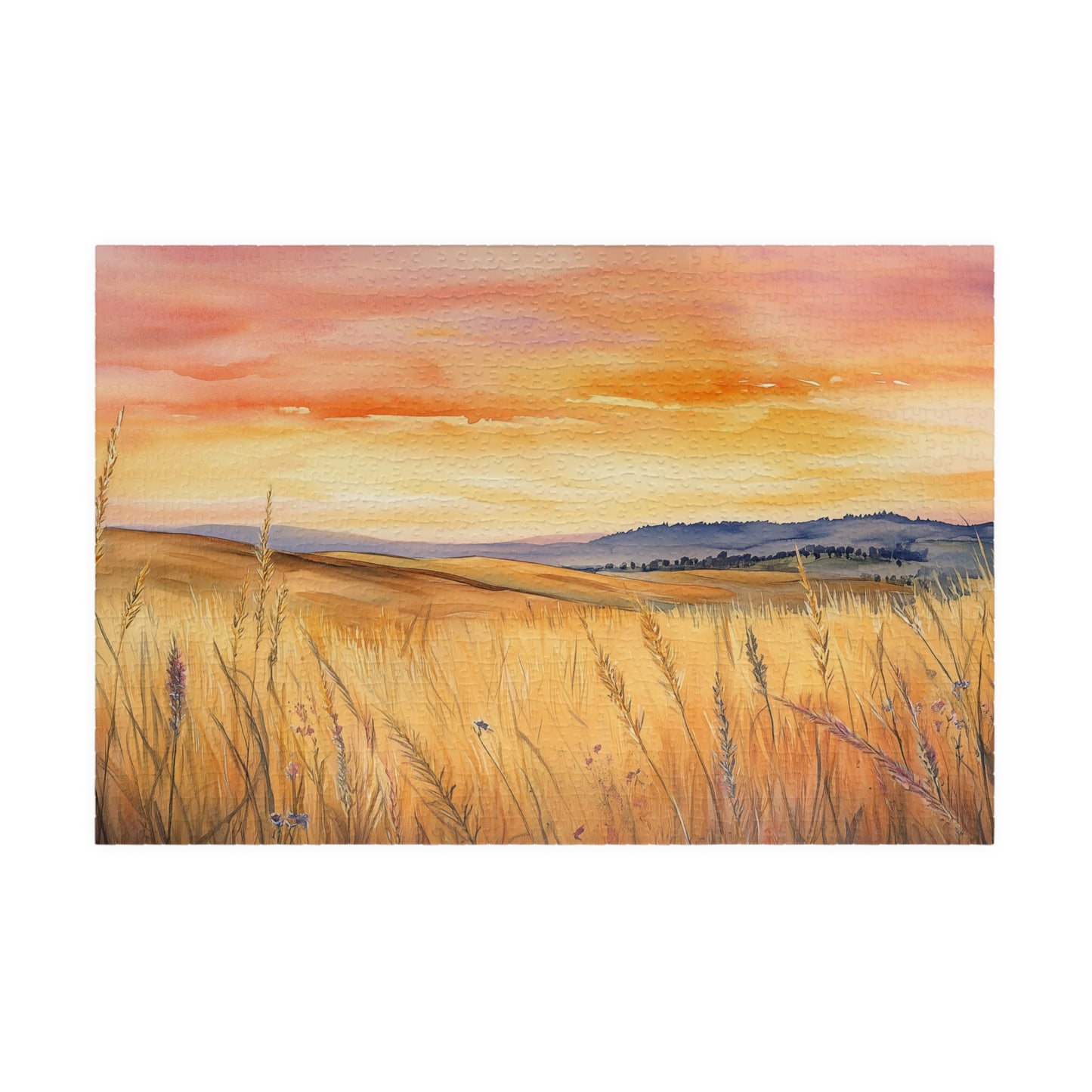Prairie at Sunset Puzzle (110, 252, 520, 1014 Pieces) - Golden Fields, Rolling Hills, Glowing Horizon, Nature Lovers Gift, Relaxing Activity