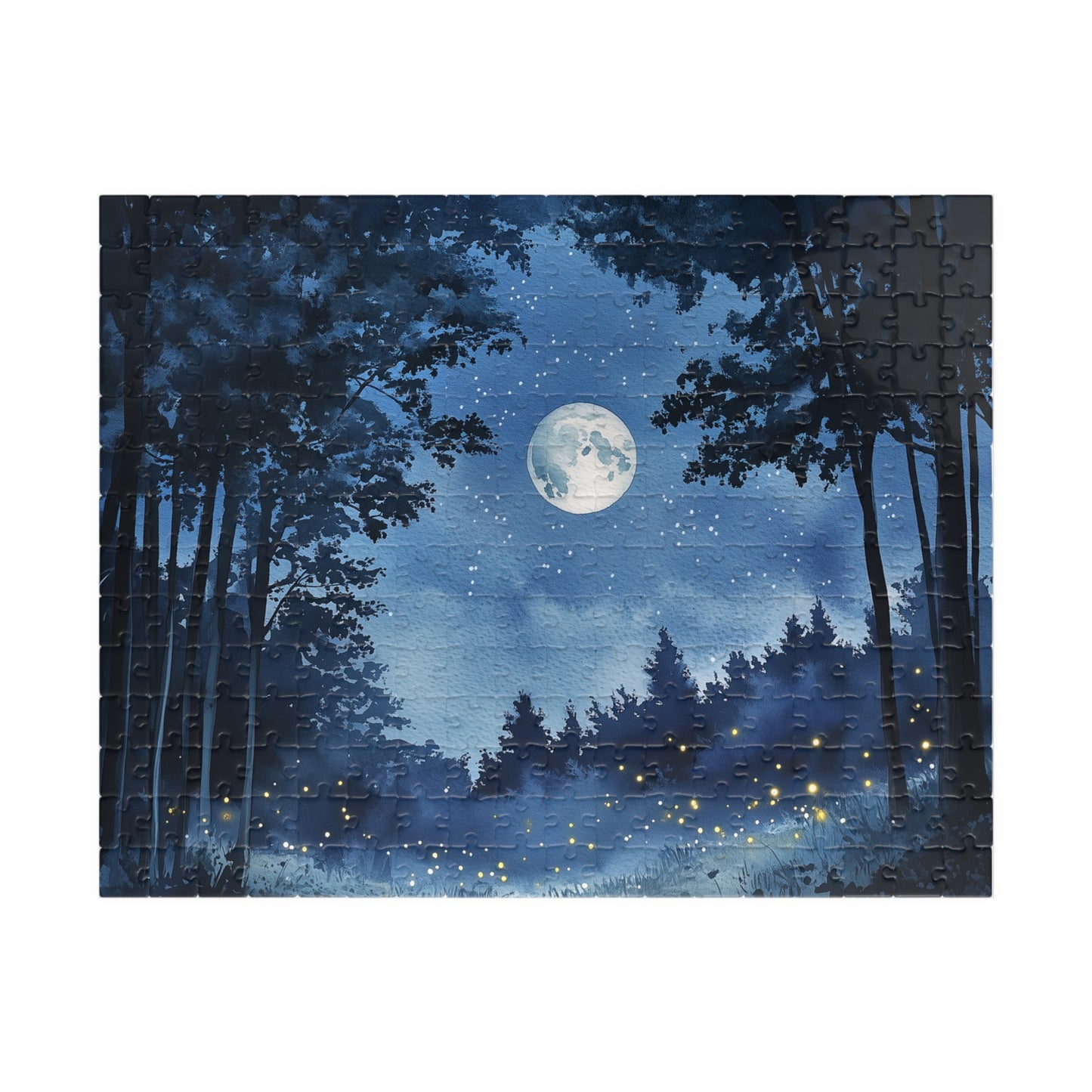 Moonlit Forest Puzzle (110, 252, 520, 1014 Pieces) - Enchanted Trees, Fireflies, and Starry Night Sky in Monochrome Blue