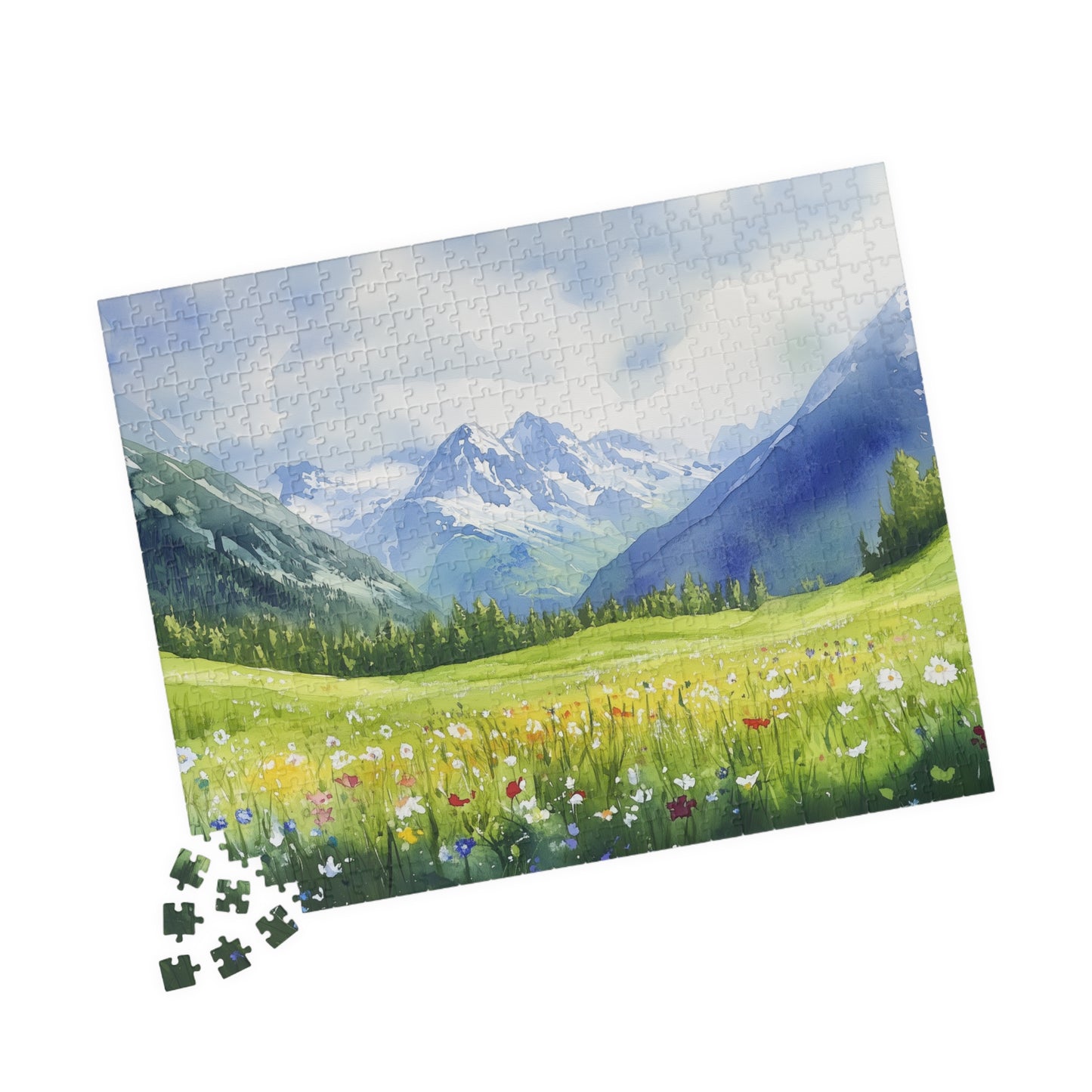 Spring Mountain Puzzle (110, 252, 520, 1014 Pieces) - Alpine Wildflower Meadow with Snowy Peaks, Blue Sky, and Peaceful Green Hills