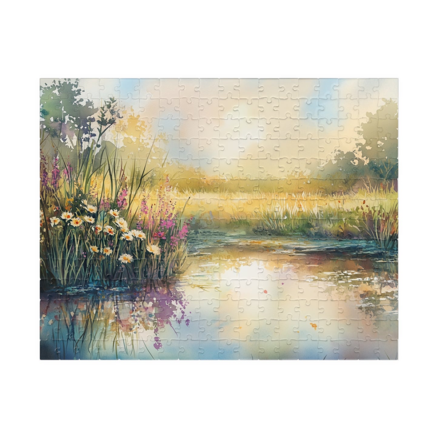 Prairie Pond Puzzle (110, 252, 520, 1014 Pieces) - Reflective Water, Wildflowers, Golden Light, Relaxation, Home Decor, Mindful Activity