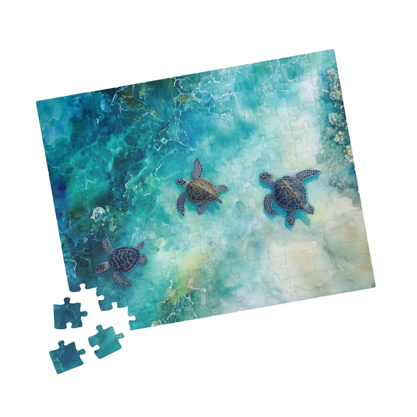 Turtle Trio Puzzle (110, 252, 520, 1014 Pieces) - Watercolor Sea Turtle Art, Ocean Wildlife, Serene Blue Puzzle, Relaxing Nature Puzzle