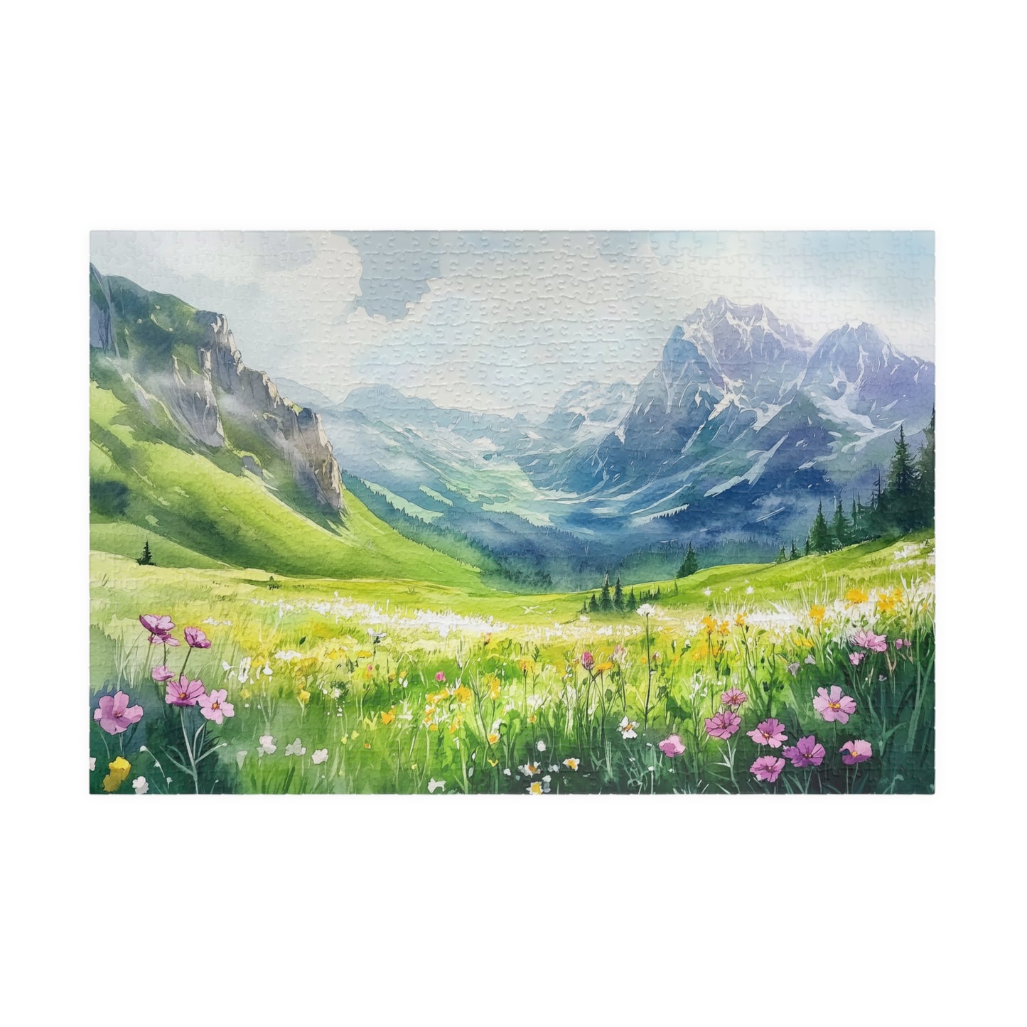 Mountain Meadow Puzzle (110, 252, 520, 1014 Pieces) - Wildflowers, Alpine Valley, Snowy Peaks, Peaceful Landscape