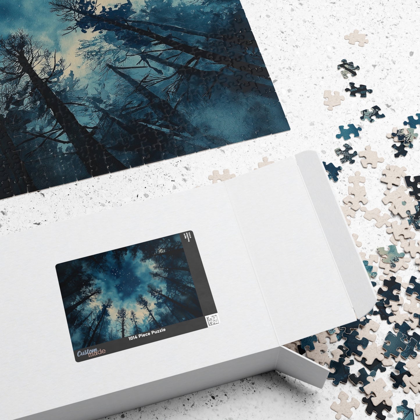 Moody Forest Sky Puzzle (110, 252, 520, 1014 Pieces) - Atmospheric Night View, Blue Toned, Starry Tree Canopy