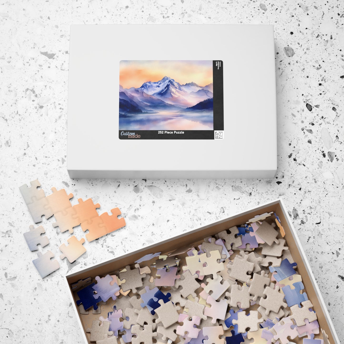 Mountain Serenity Puzzle (110, 252, 520, 1014 Pieces) - Misty Peaks, Sunset Hues, Tranquil Reflections, Mountain Landscape Puzzle