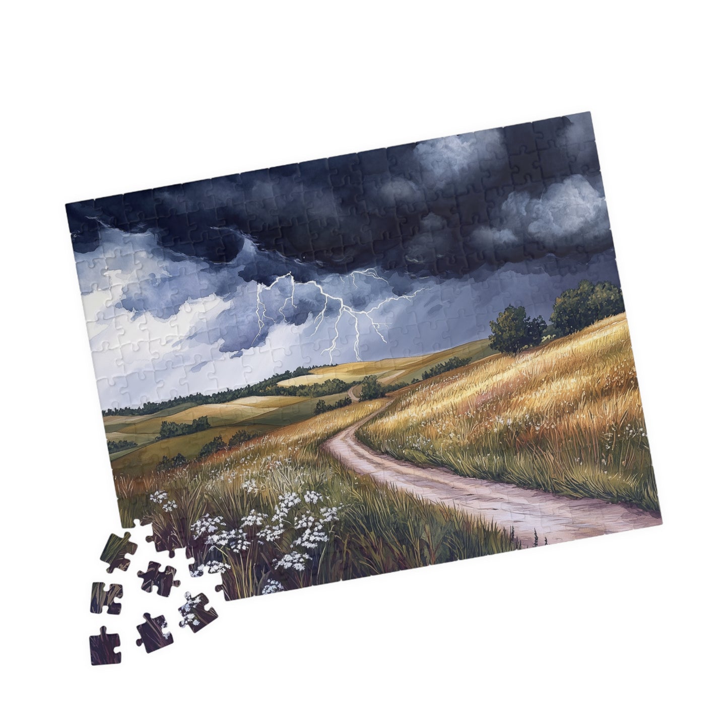 Prairie Thunderstorm Puzzle (110, 252, 520, 1014 Pieces) - Stormy Sky, Lightning Strikes, Country Path Scene, Nature Lover Gift