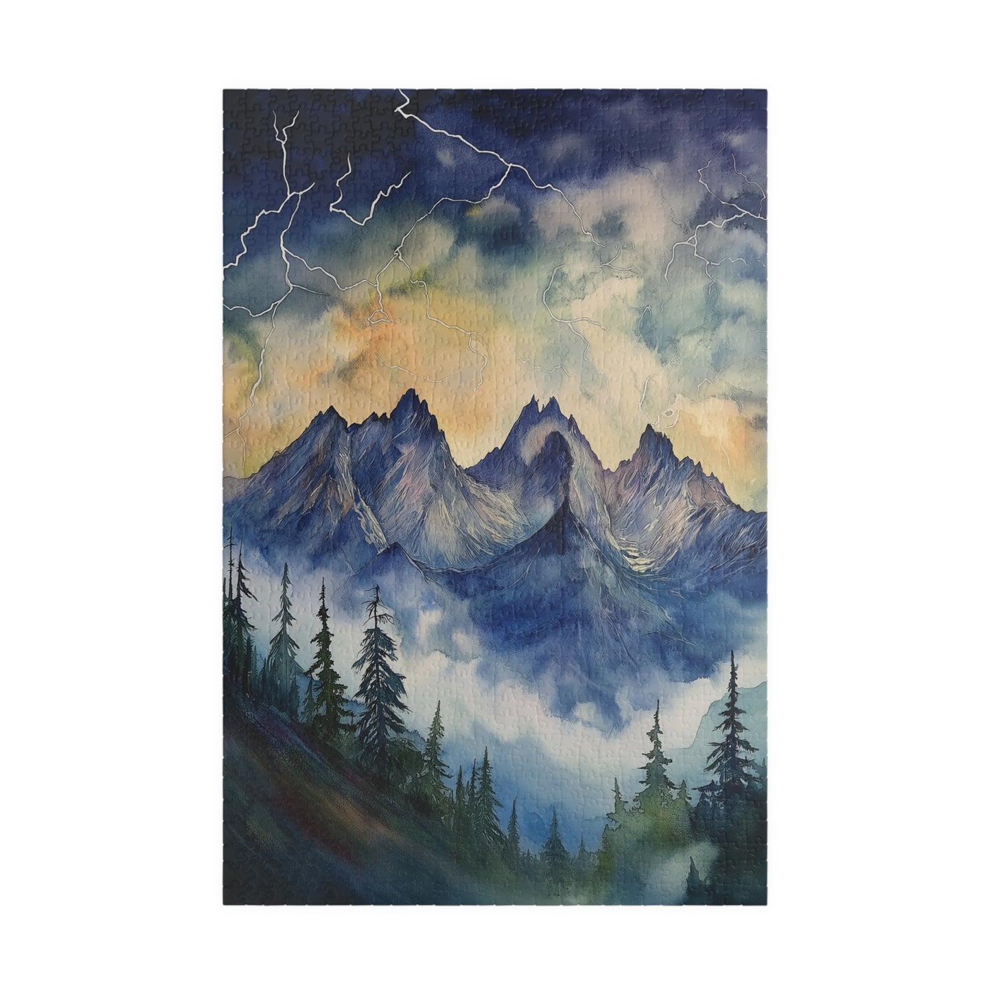 Stormy Mountain Peaks Puzzle (110, 252, 520, 1014 Pieces) - Dark Pine Forest, Lightning Strikes, Dramatic Skies Over Jagged Summits