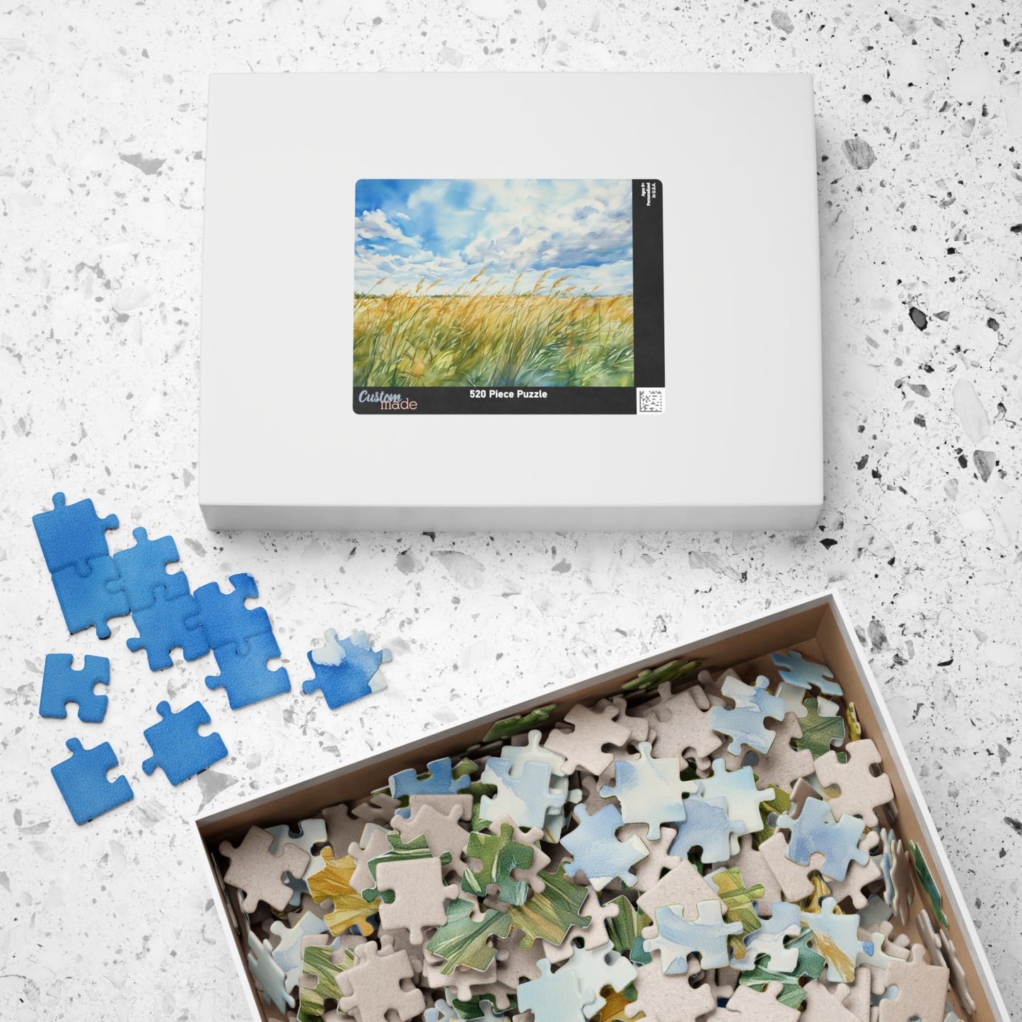 Tall Grasses Blowing Puzzle (110, 252, 520, 1014 Pieces) - Breezy Prairie Scene, Blue Sky, Calming Nature Art, Nature Puzzle, Home Decor