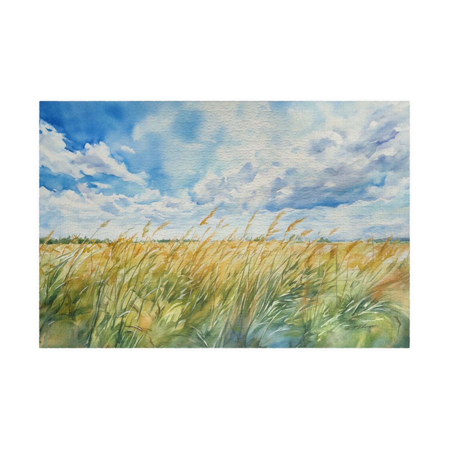 Tall Grasses Blowing Puzzle (110, 252, 520, 1014 Pieces) - Breezy Prairie Scene, Blue Sky, Calming Nature Art, Nature Puzzle, Home Decor
