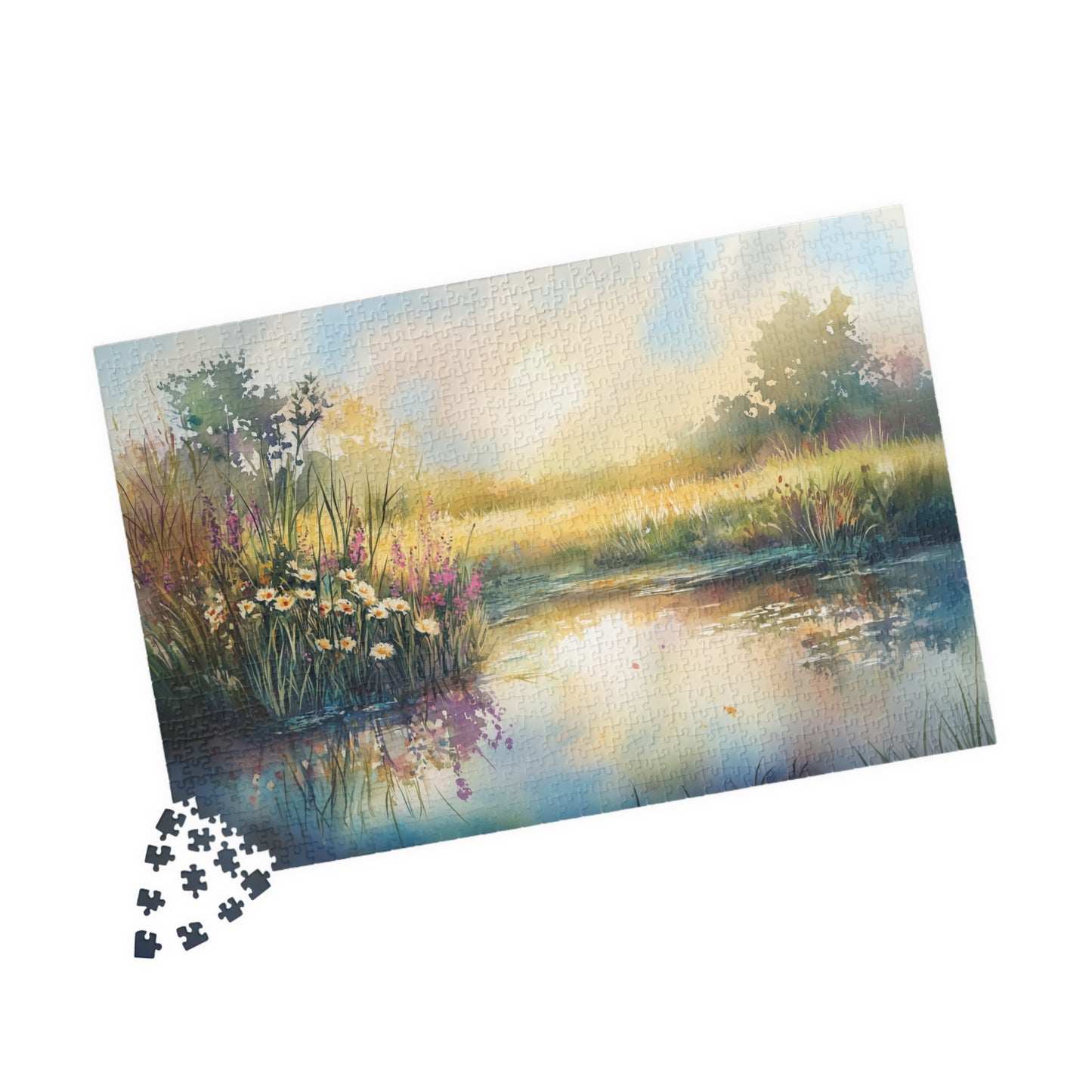 Prairie Pond Puzzle (110, 252, 520, 1014 Pieces) - Reflective Water, Wildflowers, Golden Light, Relaxation, Home Decor, Mindful Activity