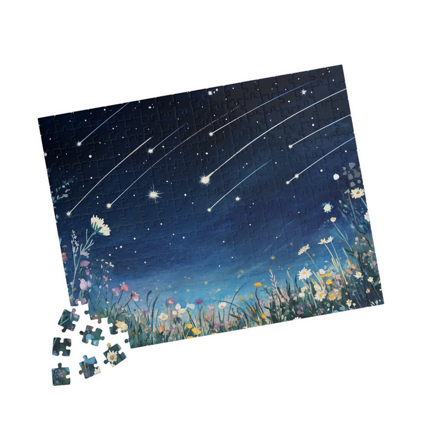 Wildflowers Under a Starry Sky Puzzle (110, 252, 520, 1014 Pieces) - Dreamy Meteor Shower, Starry Night Scene with Colorful Blooms