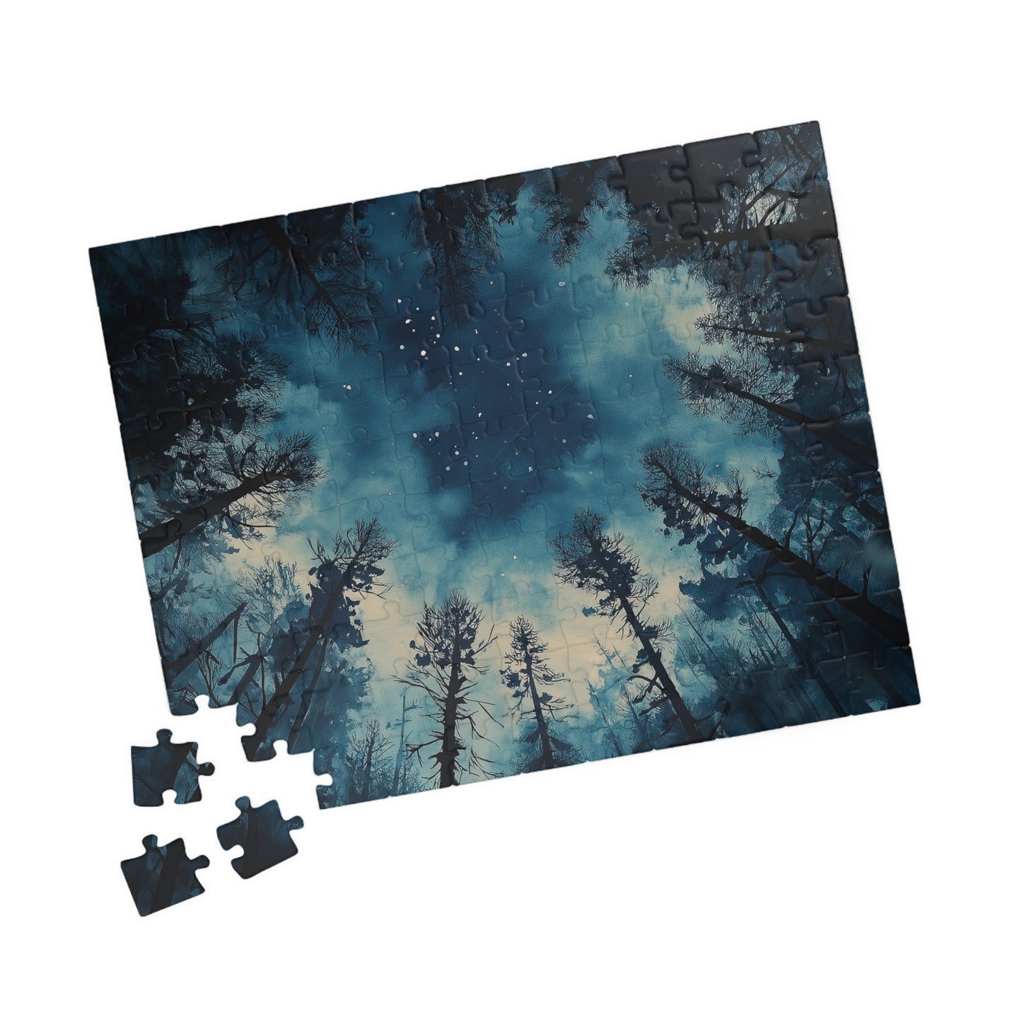 Moody Forest Sky Puzzle (110, 252, 520, 1014 Pieces) - Atmospheric Night View, Blue Toned, Starry Tree Canopy