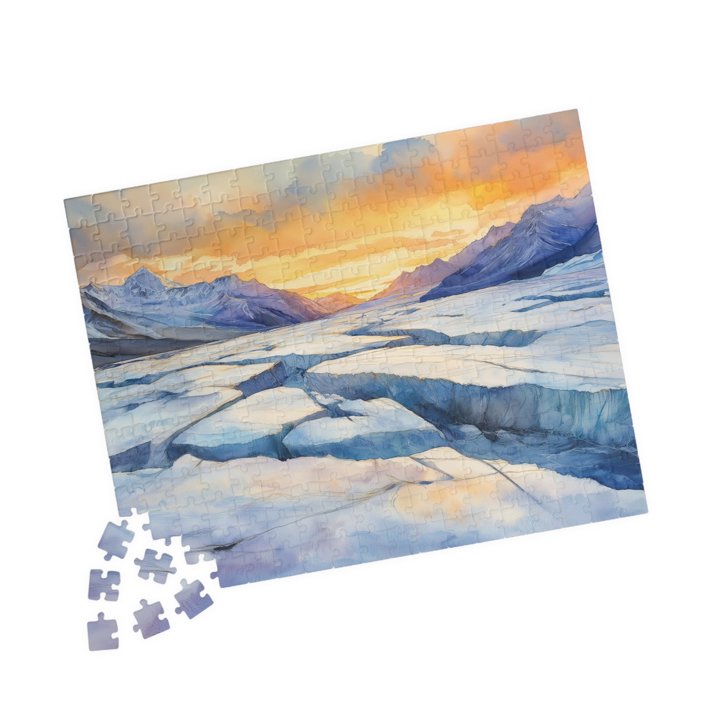 Glacial Field Puzzle (110, 252, 520, 1014 Pieces) - Frozen Mountain Landscape with Cracked Ice, Arctic Horizon, and Winter Sunset Glow