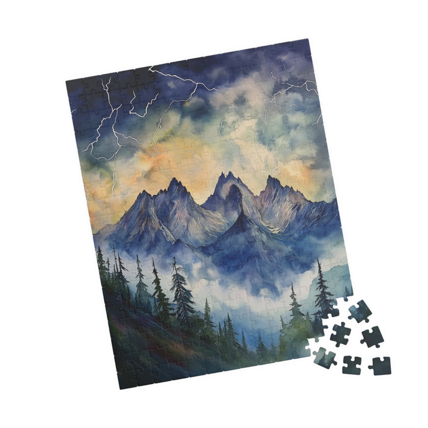 Stormy Mountain Peaks Puzzle (110, 252, 520, 1014 Pieces) - Dark Pine Forest, Lightning Strikes, Dramatic Skies Over Jagged Summits