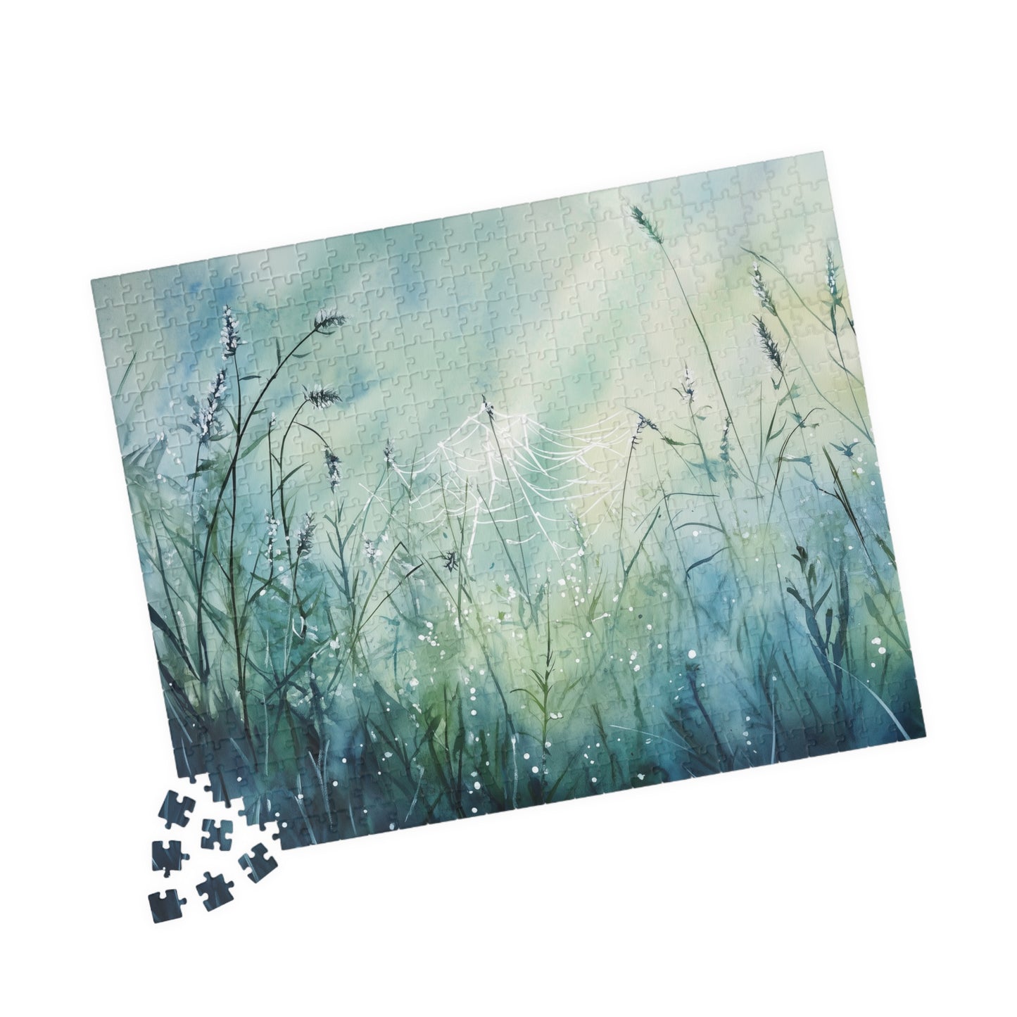 Morning Web Puzzle (110, 252, 520, 1014 Pieces) - Dewy Spider Web, Soft Grass, Gentle Light, Nature-Inspired Jigsaw, Beautiful Serenity