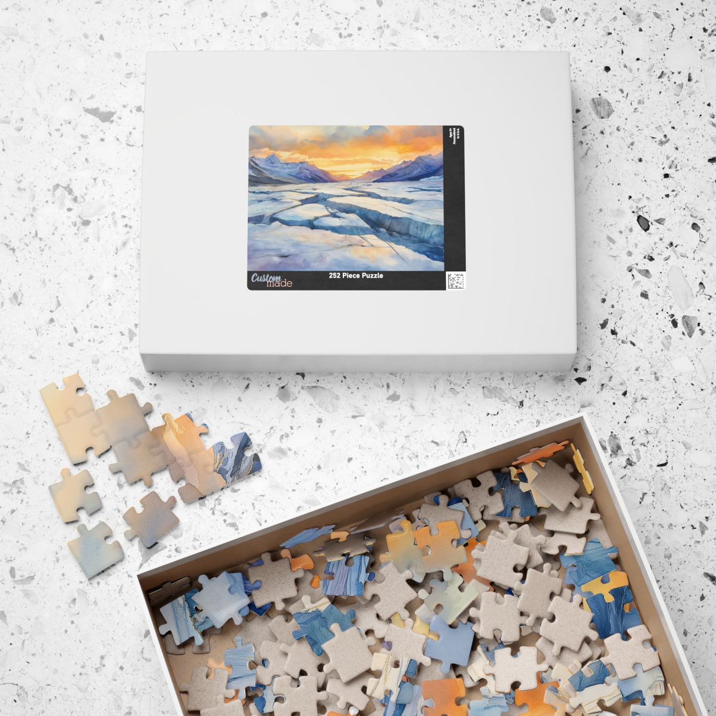 Glacial Field Puzzle (110, 252, 520, 1014 Pieces) - Frozen Mountain Landscape with Cracked Ice, Arctic Horizon, and Winter Sunset Glow