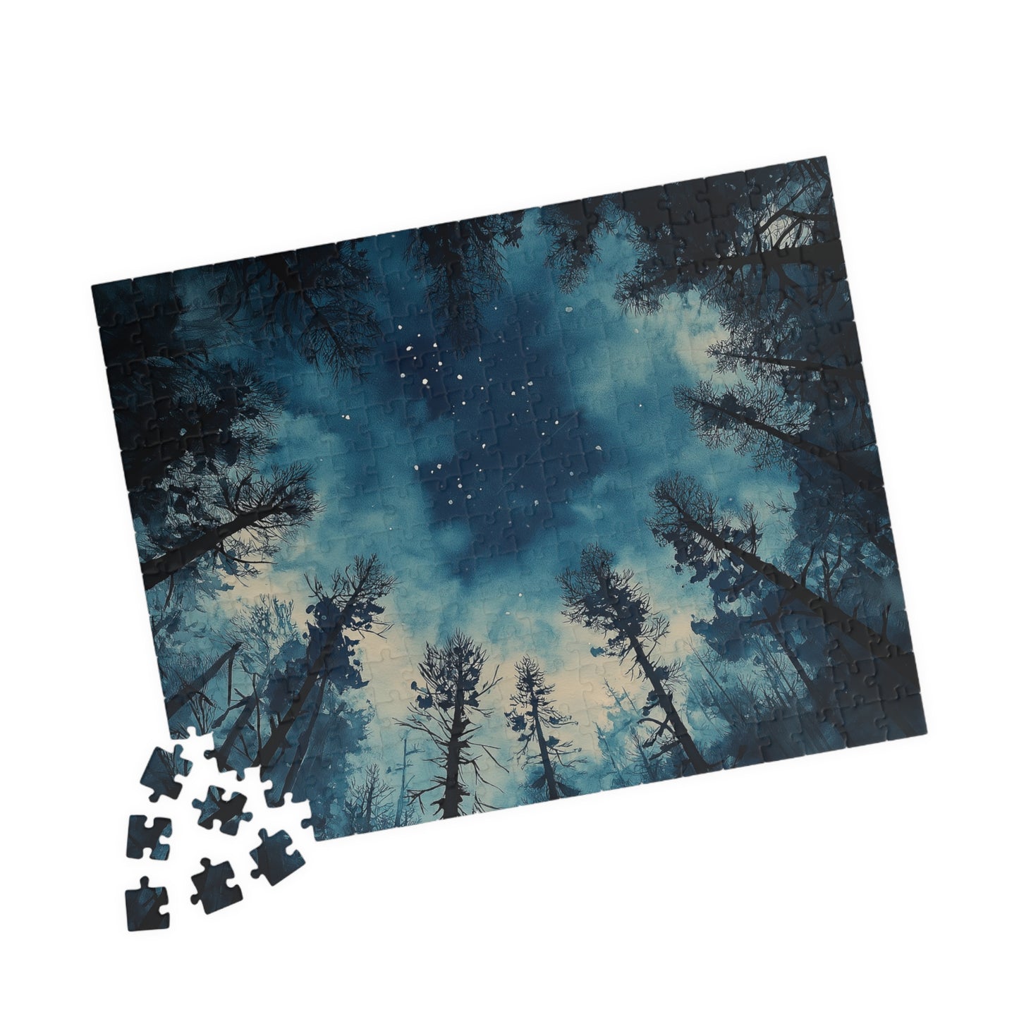Moody Forest Sky Puzzle (110, 252, 520, 1014 Pieces) - Atmospheric Night View, Blue Toned, Starry Tree Canopy