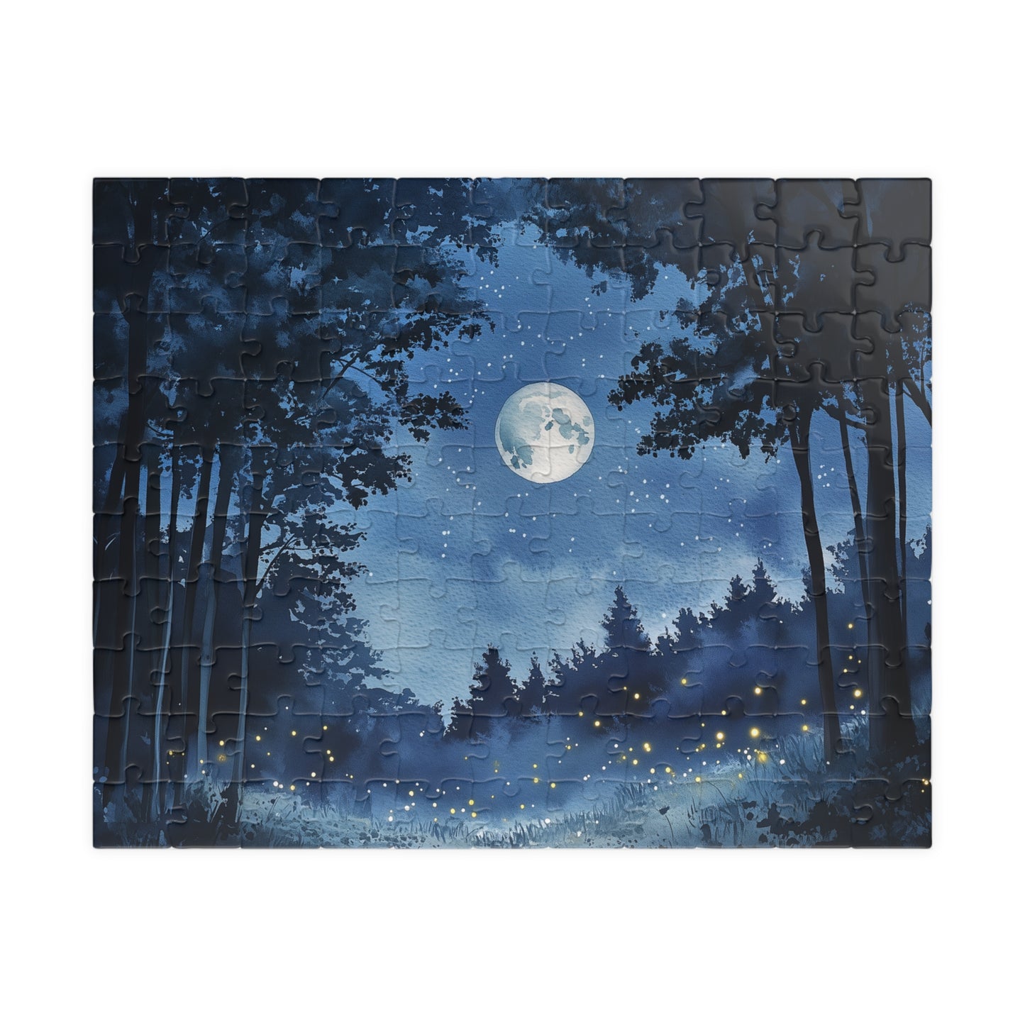 Moonlit Forest Puzzle (110, 252, 520, 1014 Pieces) - Enchanted Trees, Fireflies, and Starry Night Sky in Monochrome Blue
