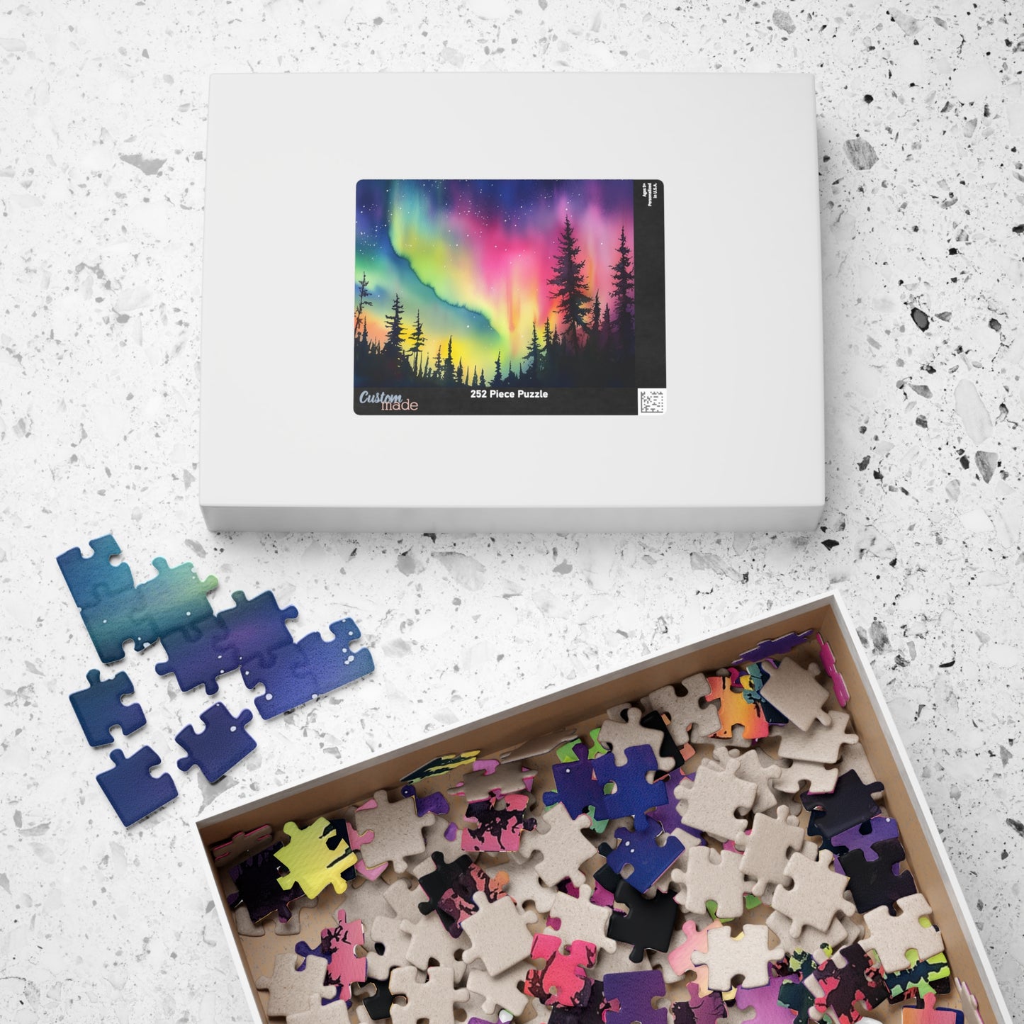 Aurora Glow Puzzle (110, 252, 520, 1014 Pieces) - Northern Lights Over Forest Silhouette, Fun Family Activity, Unique Gift Idea