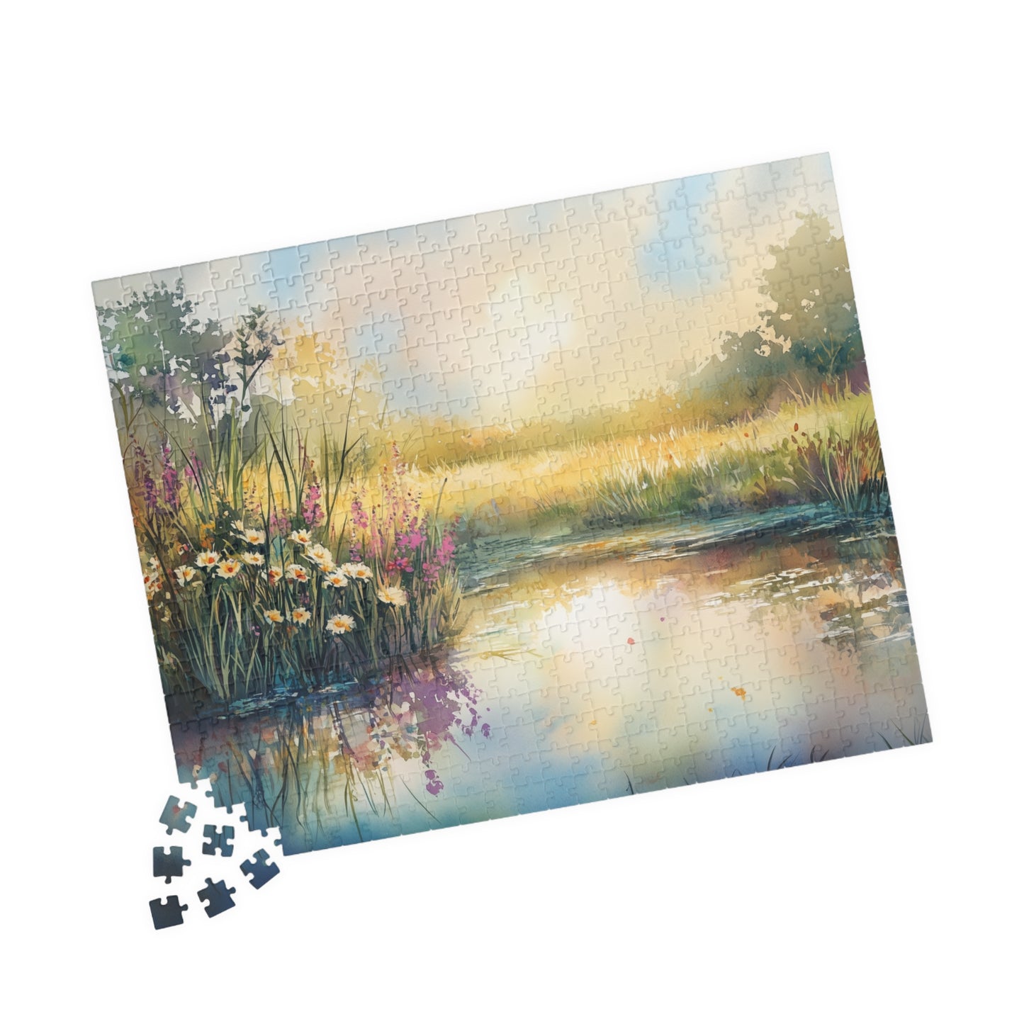 Prairie Pond Puzzle (110, 252, 520, 1014 Pieces) - Reflective Water, Wildflowers, Golden Light, Relaxation, Home Decor, Mindful Activity